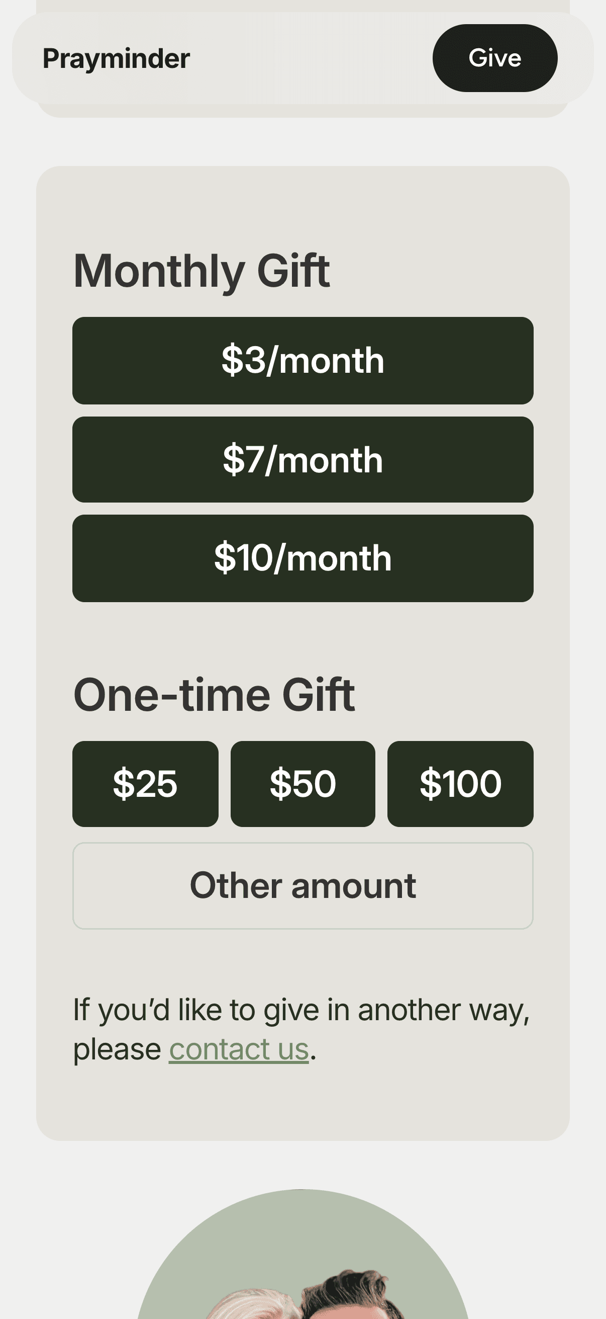 The giving options on the Be a Blessing page: a Monthly Gift section with $3, $7 and $10 a month, and a One-time Gift section with $25, $50, $100 and Other amount
