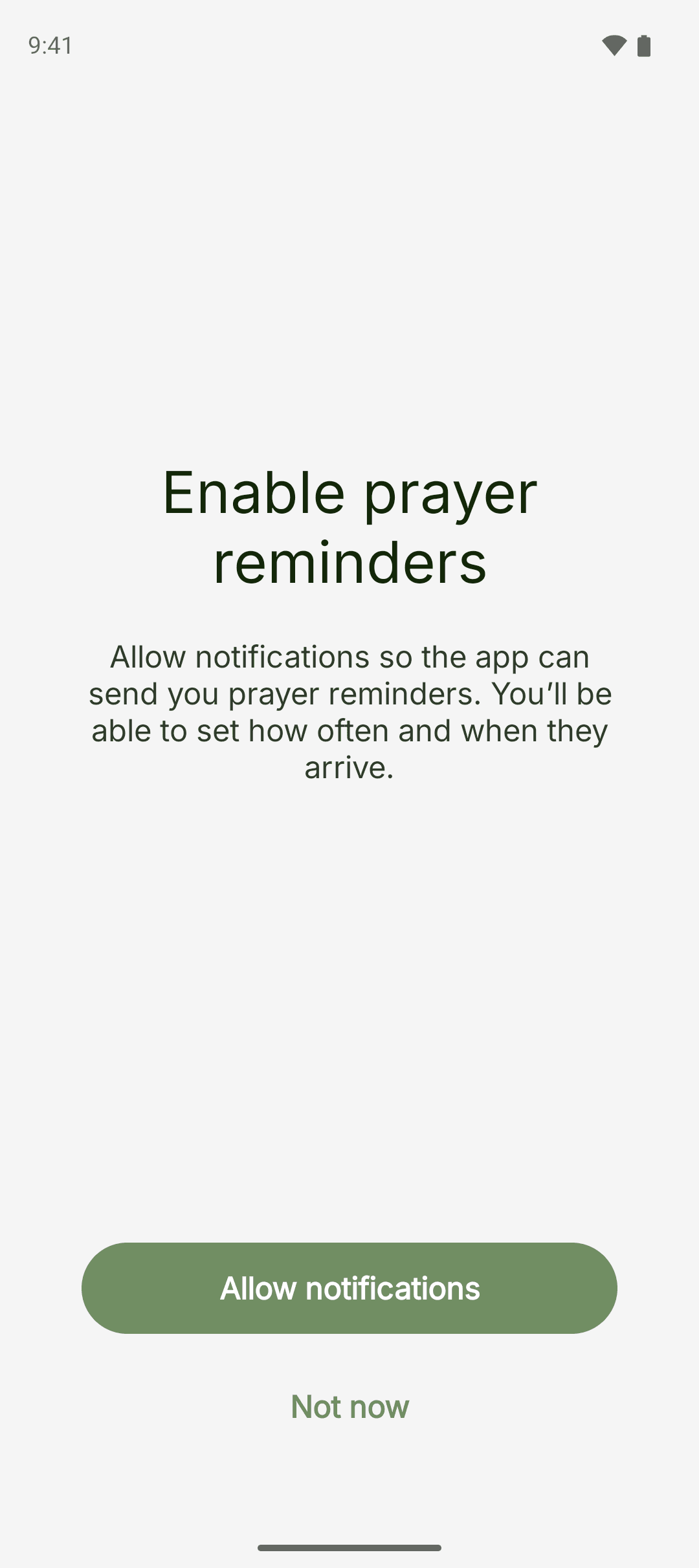 The Enable prayer reminders screen with an Allow notifications button and a Not now link