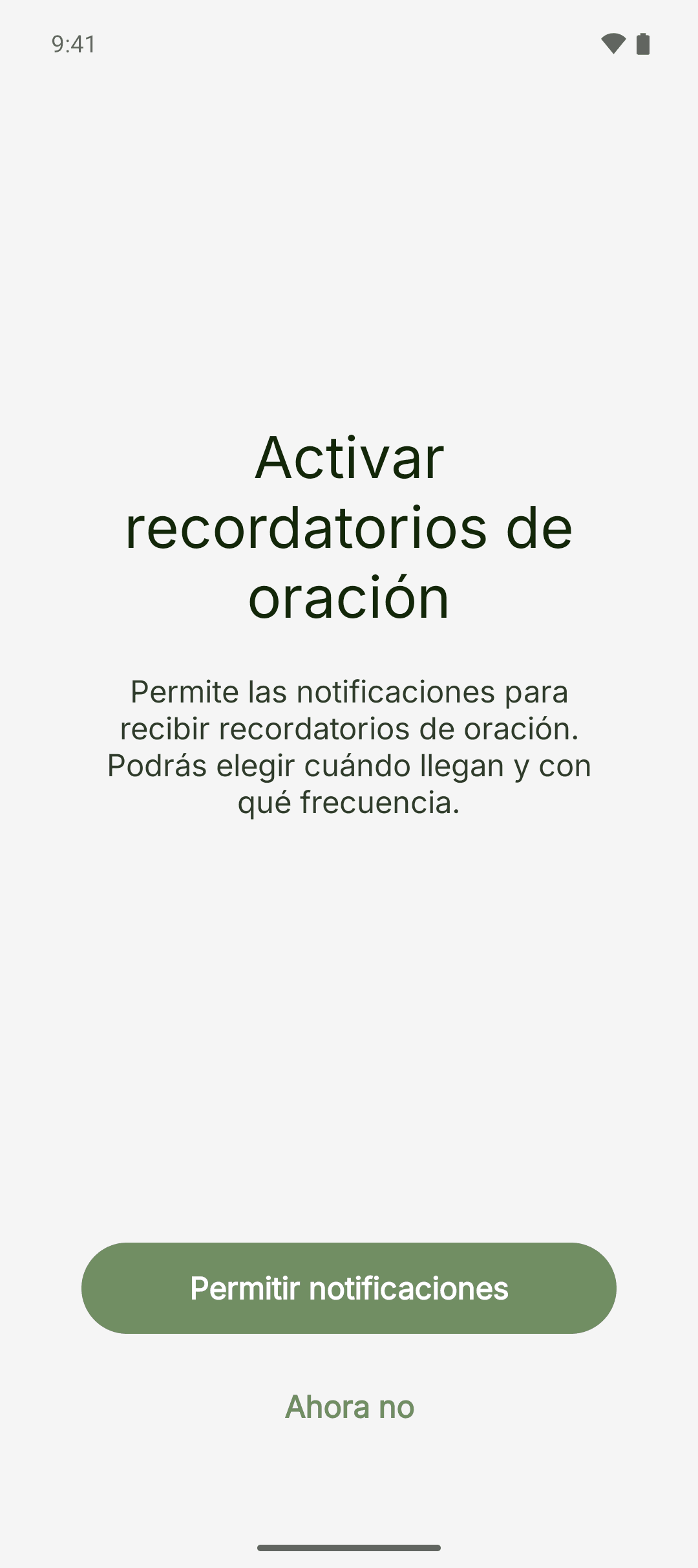 Pantalla para activar los recordatorios de oración, con el botón Permitir notificaciones y el enlace Ahora no