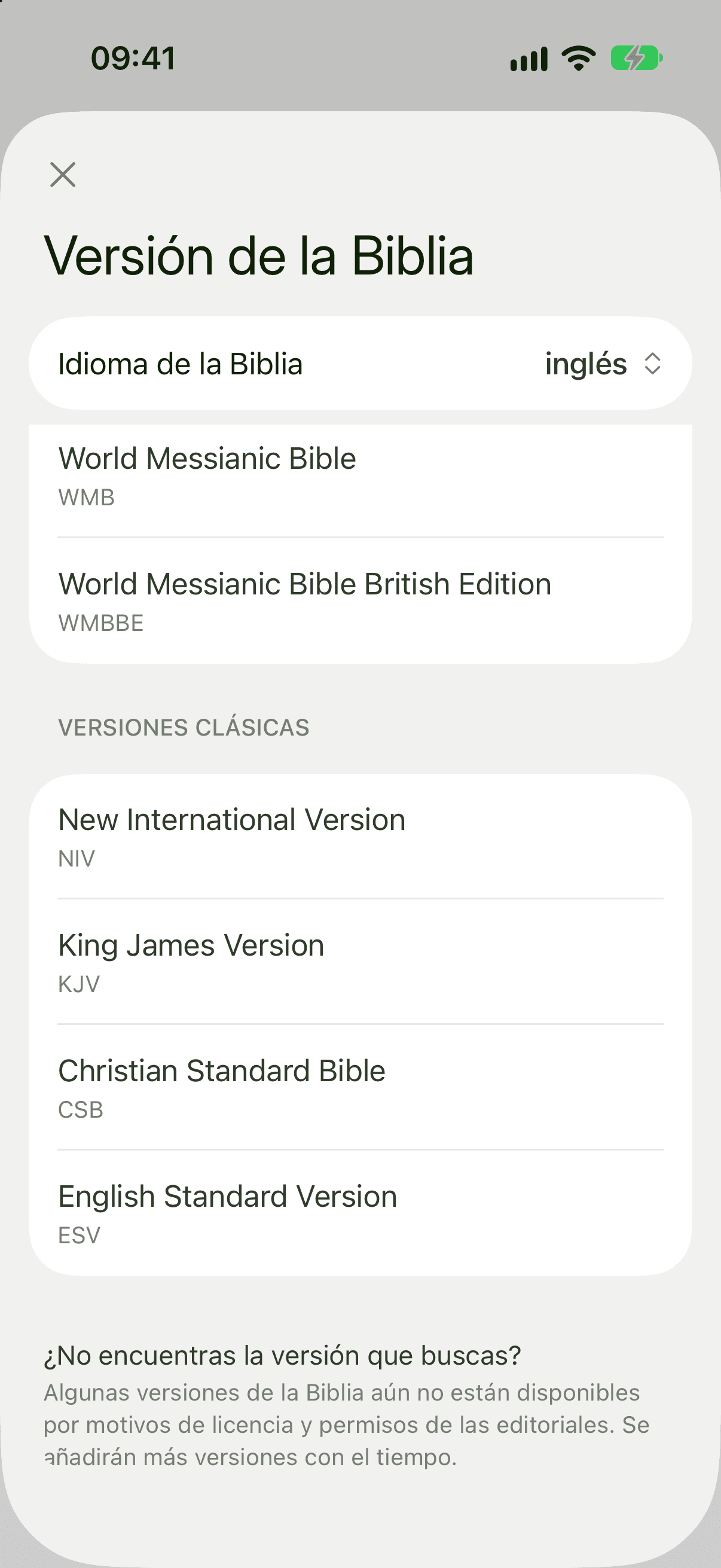 Final de la lista de versiones para el versículo del día, con Versiones clásicas y NIV, KJV, CSB y ESV