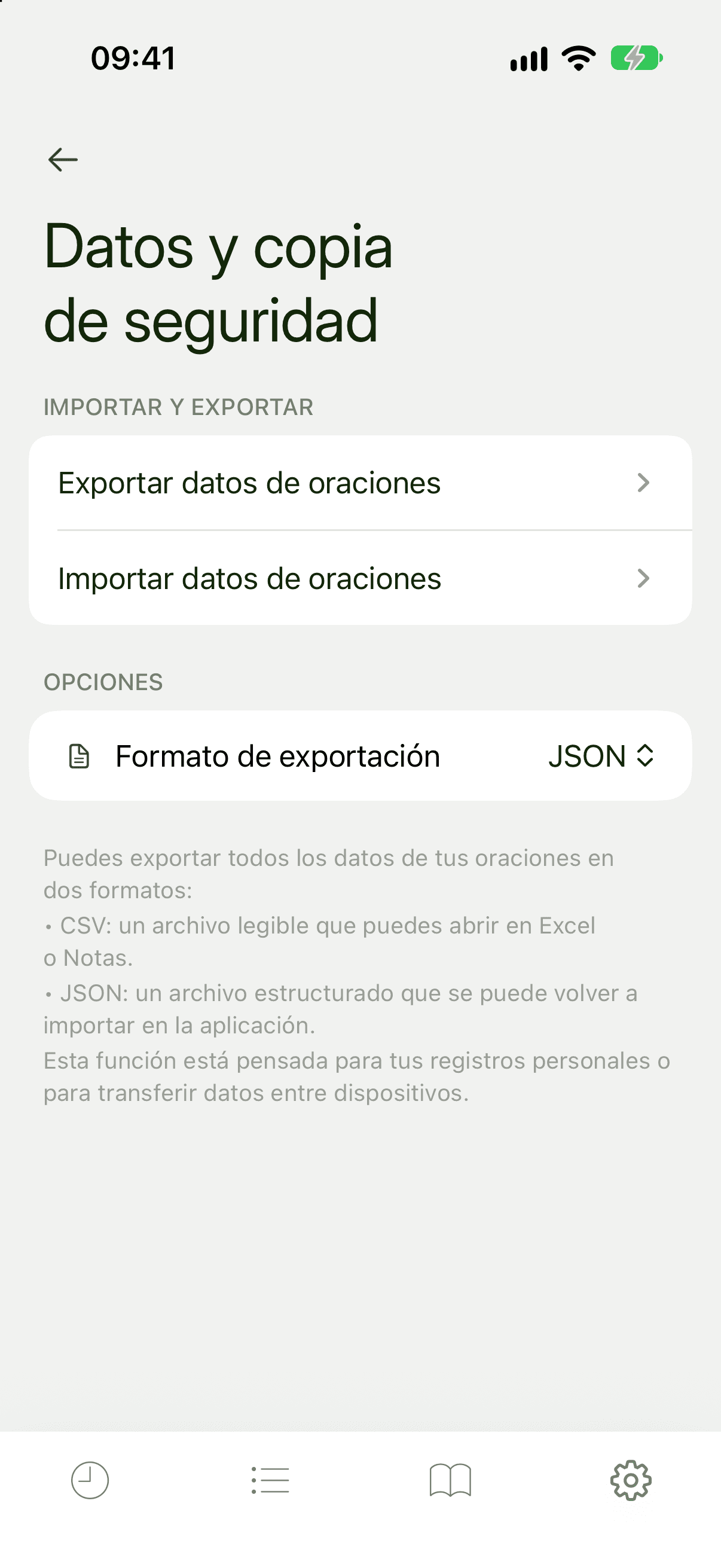 Pantalla Datos y copia de seguridad con Exportar datos de oraciones, Importar datos de oraciones y Formato de exportación configurado como JSON