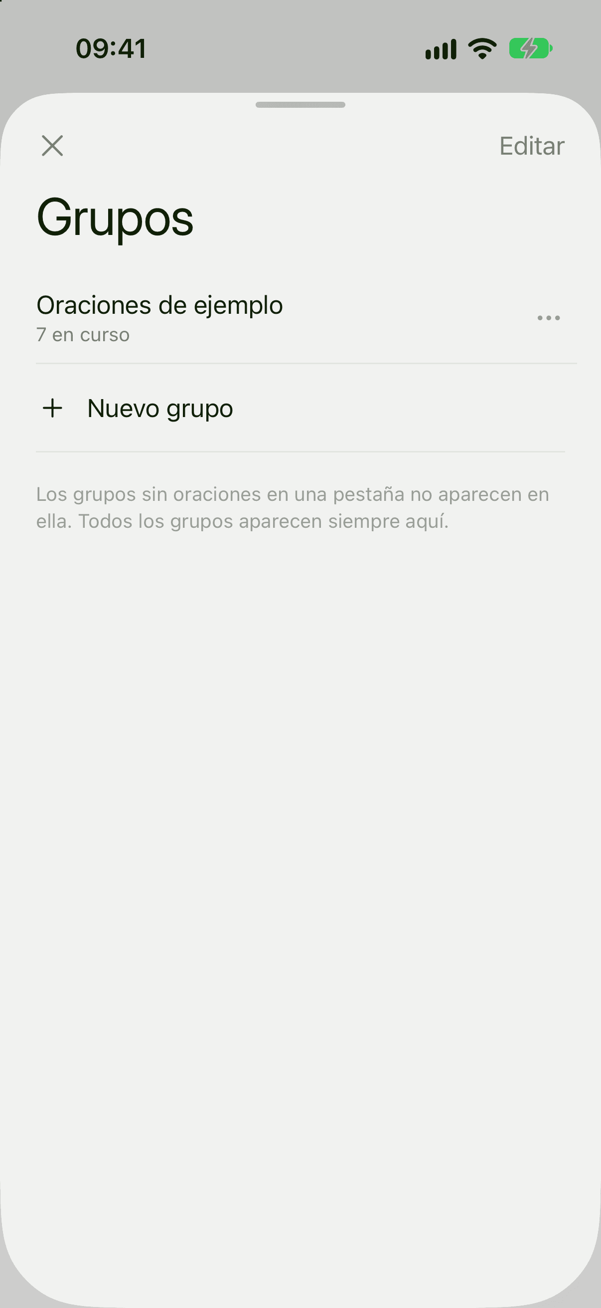 Pantalla Grupos con un grupo y su recuento de oraciones, la fila Nuevo grupo y el botón Editar