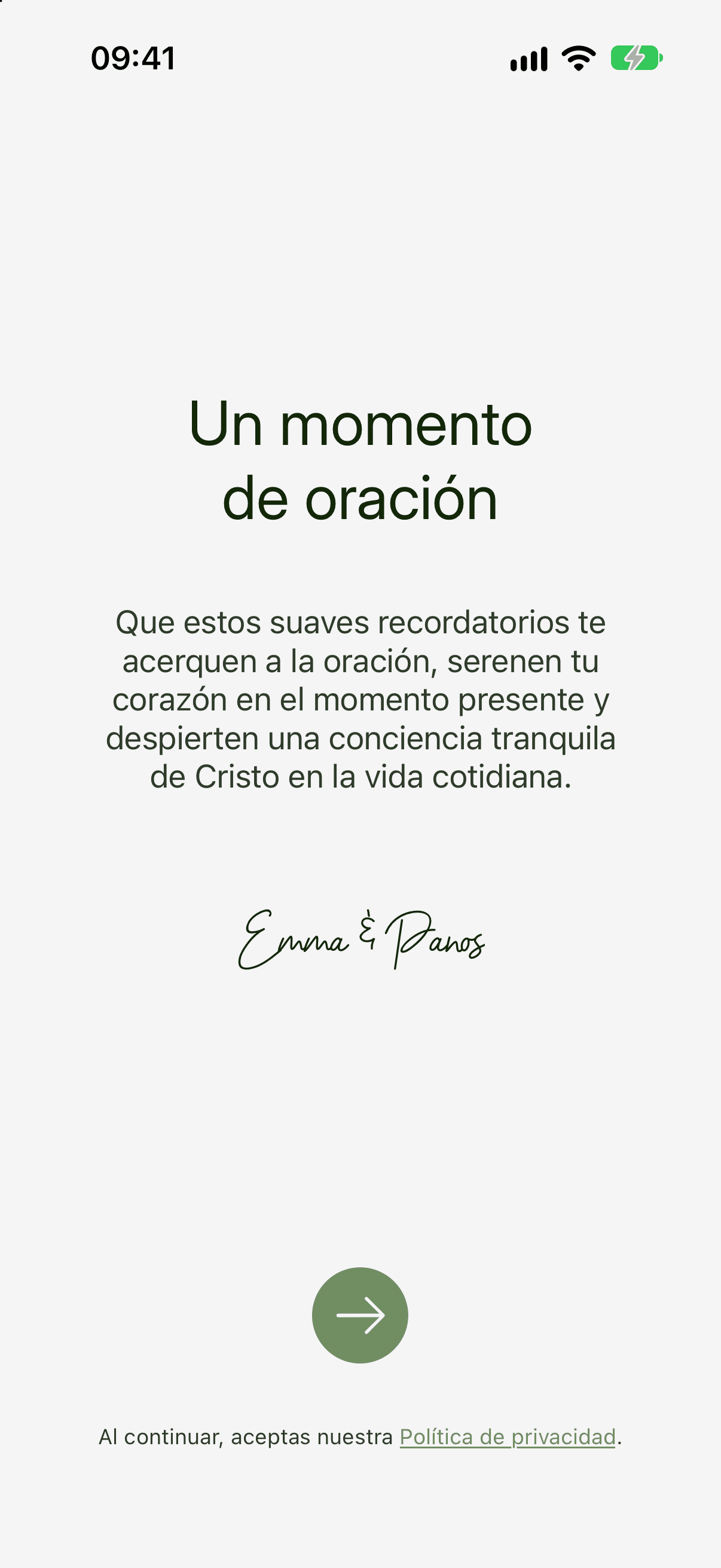 Primera pantalla tras instalar Prayminder, con el título Un momento de oración y un botón redondo con una flecha