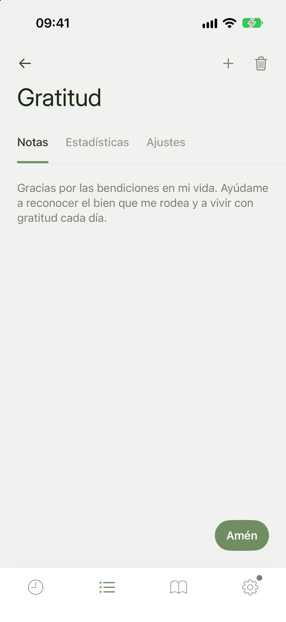 Oración titulada Gratitud en la pestaña Notas, con notas y un botón Amén