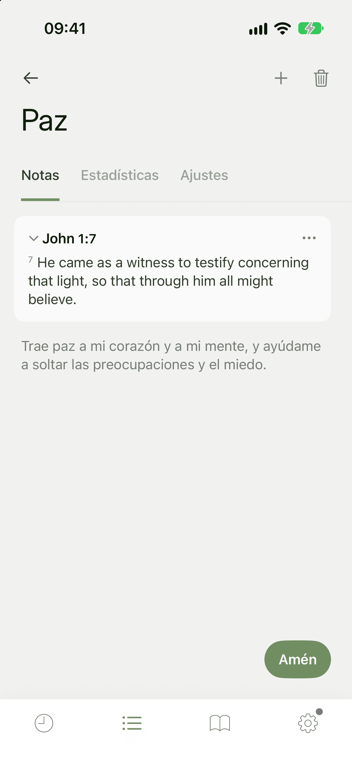Pestaña Notas de una oración con una tarjeta del pasaje Juan 1:8 encima de las notas