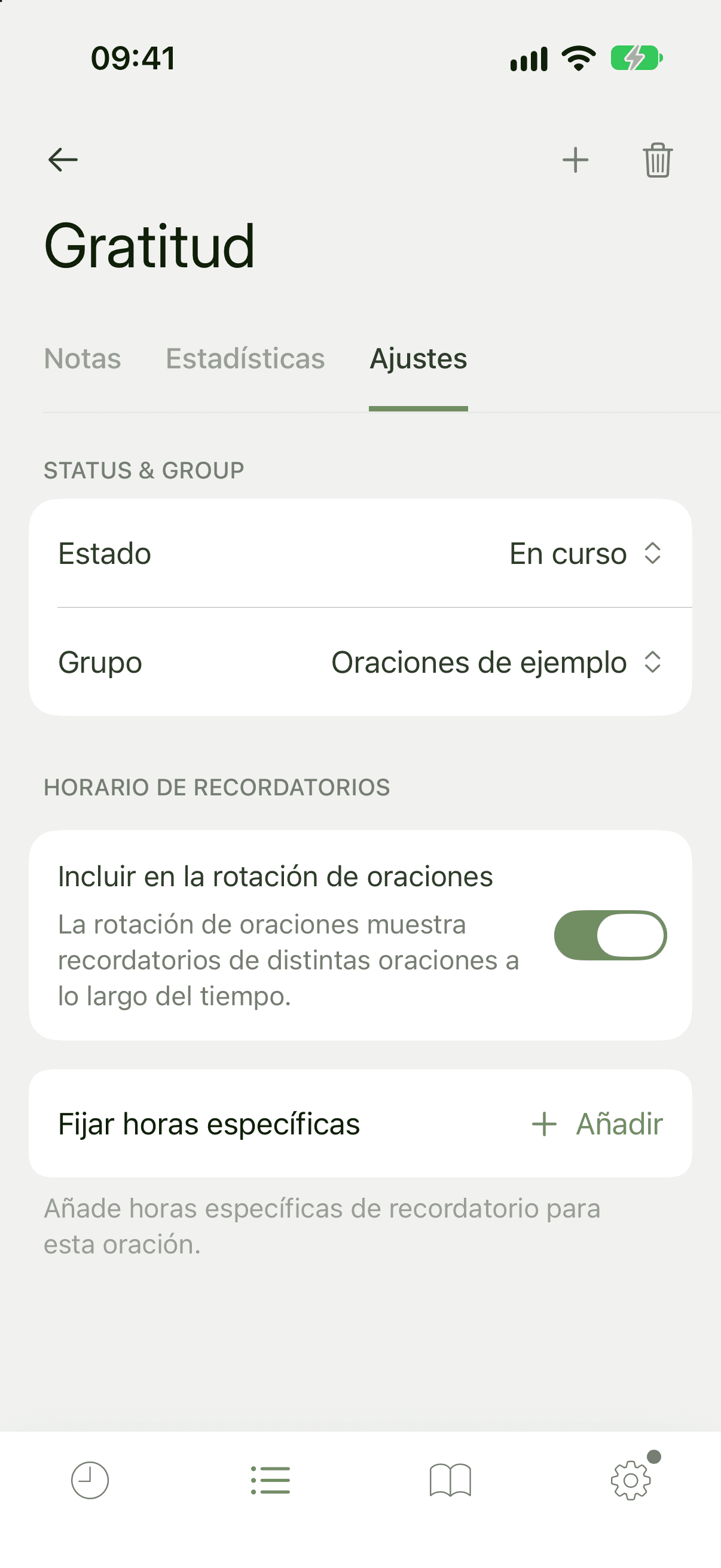 Ajustes de una oración con Estado, Grupo, Incluir en la rotación de oraciones y Fijar horas específicas