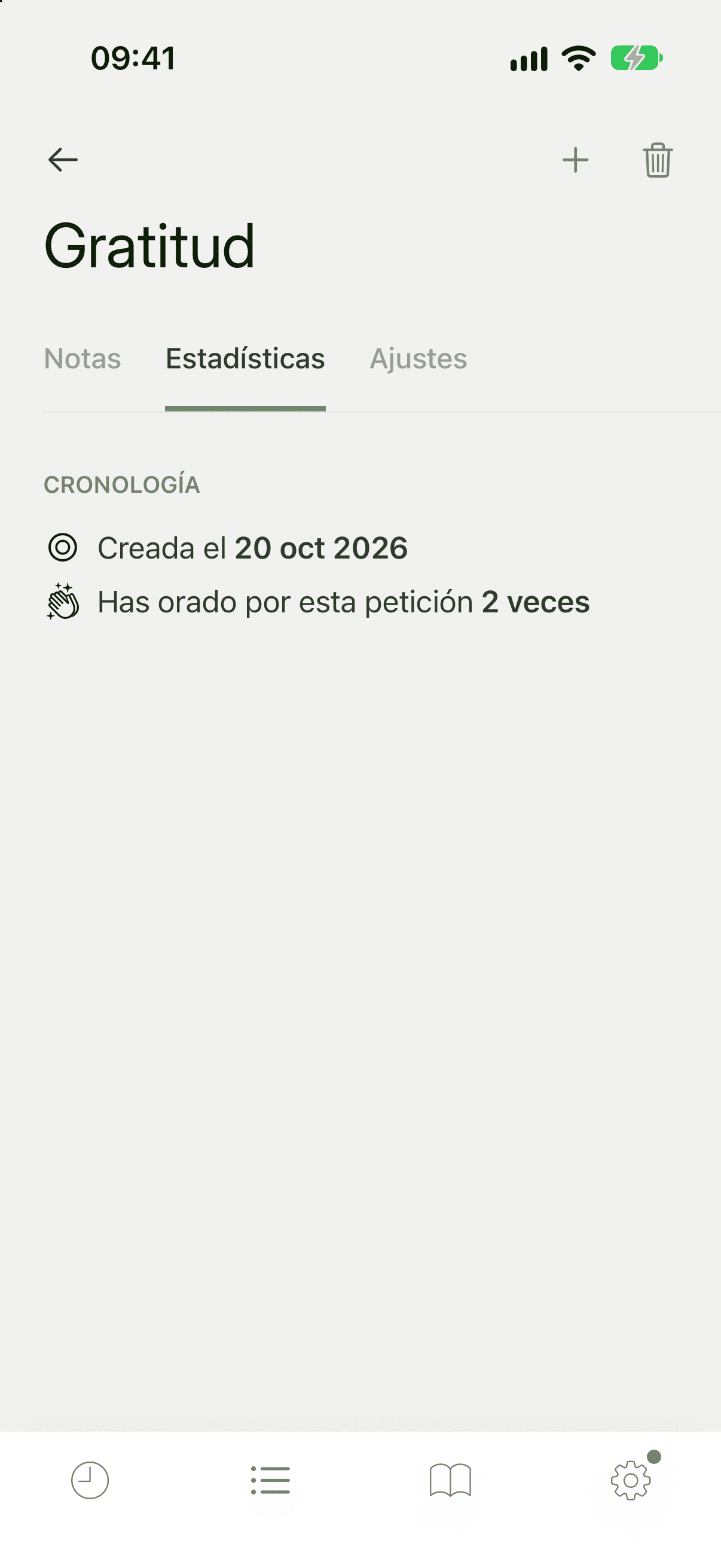 Pestaña Estadísticas de una oración con una cronología de su creación y las veces que se ha orado por ella