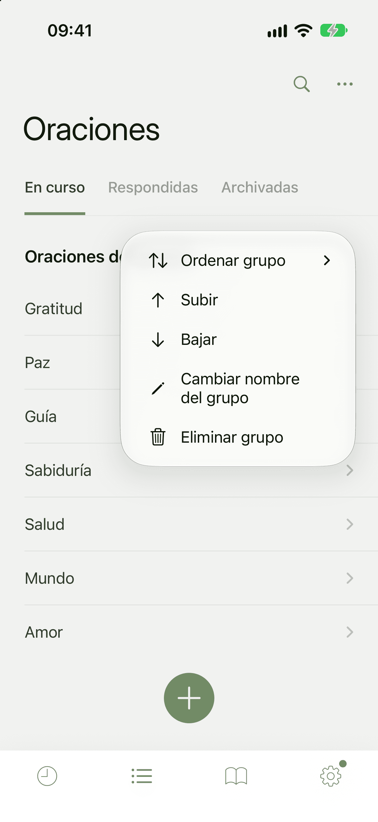 Menú del encabezado de un grupo con Ordenar grupo, Subir, Bajar, Cambiar nombre del grupo y Eliminar grupo