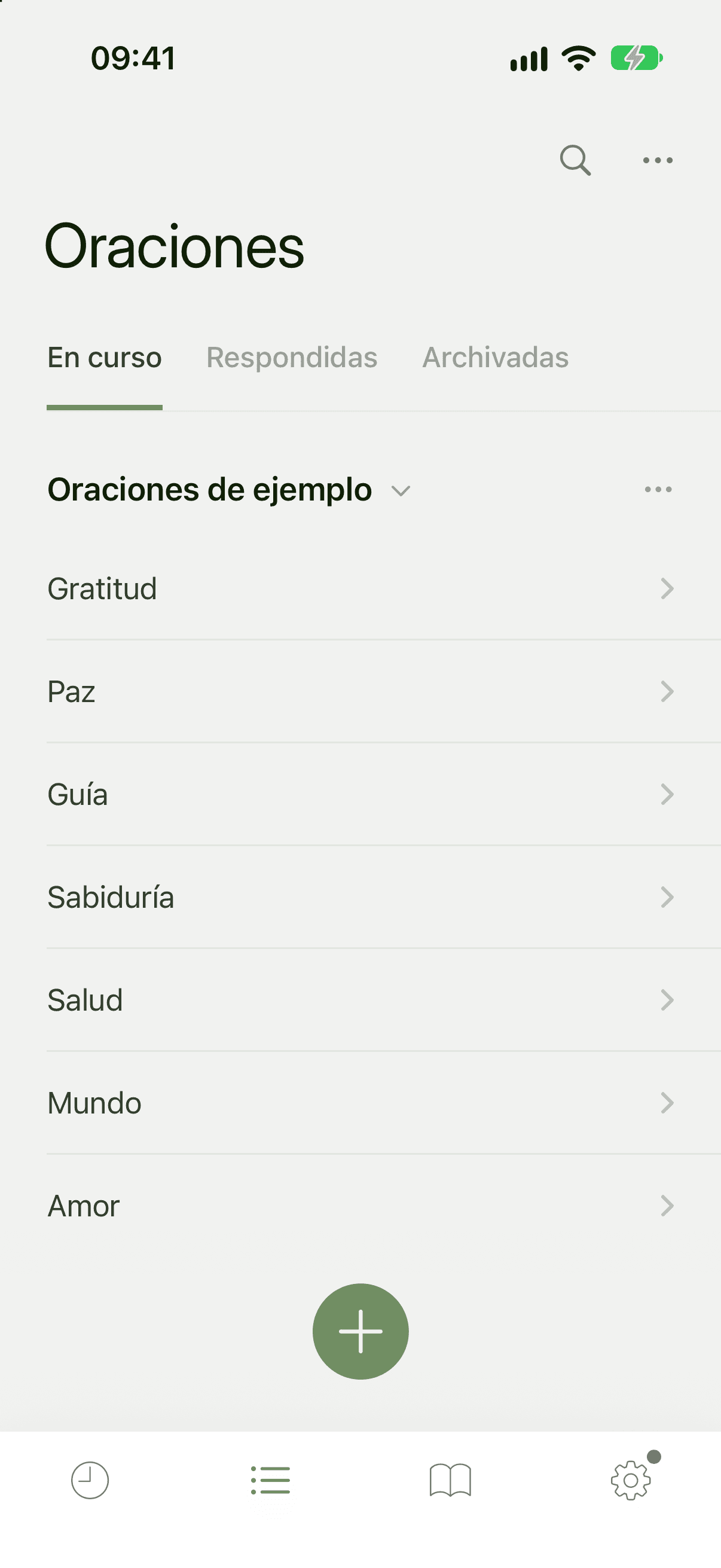Pestaña Oraciones con En curso, Respondidas y Archivadas, y un grupo de oraciones