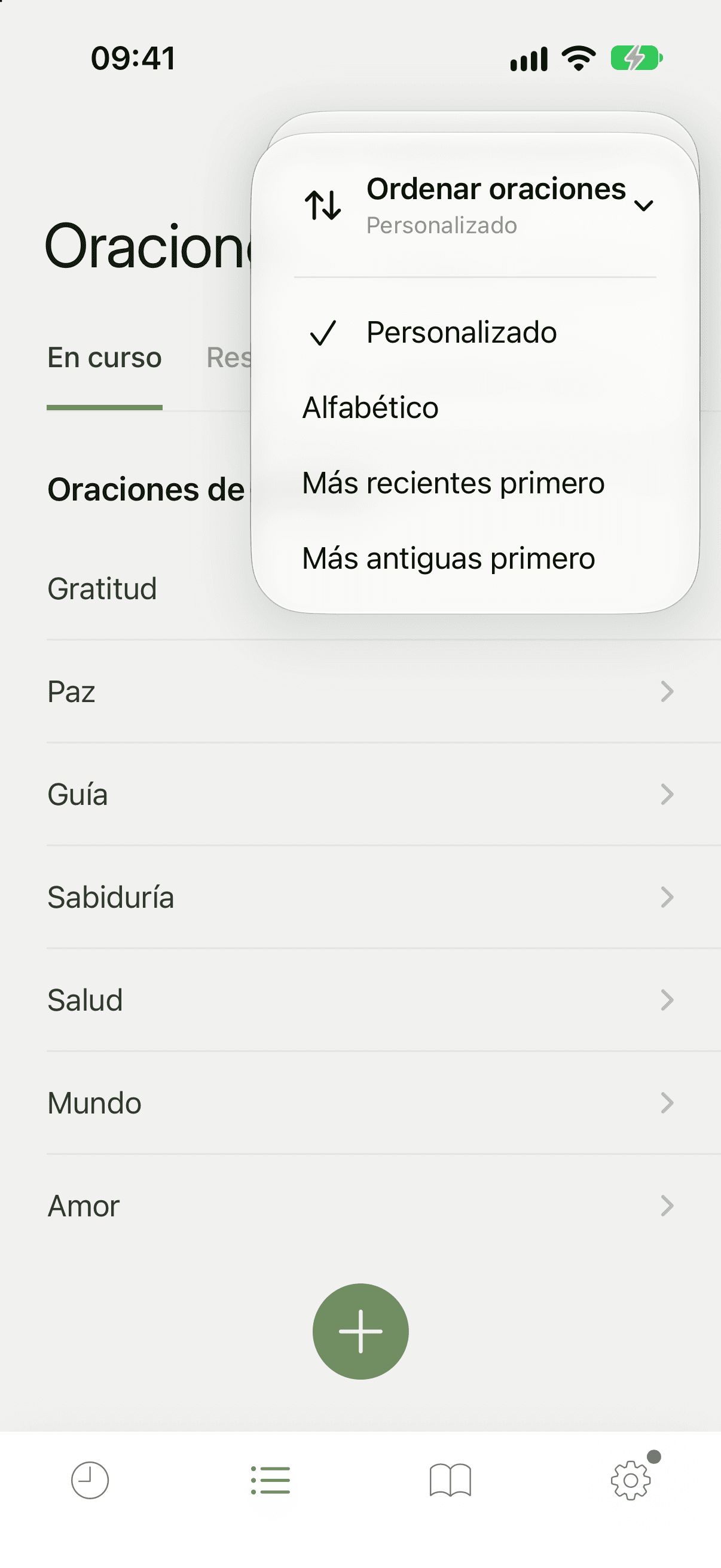 Menú de Oraciones abierto en Ordenar oraciones con Personalizado, Alfabético, Más recientes primero y Más antiguas primero, y Personalizado marcado