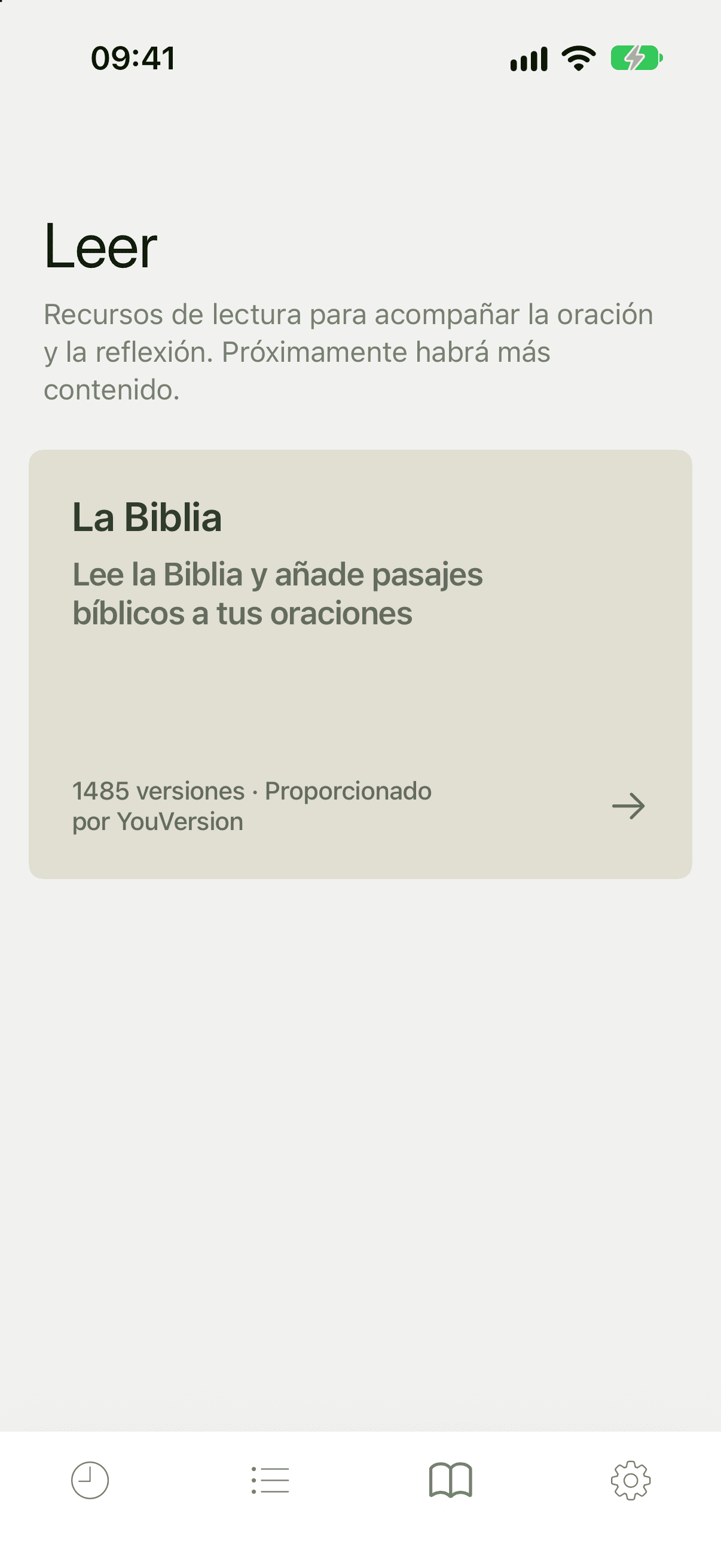 Pestaña Leer con una tarjeta titulada La Biblia