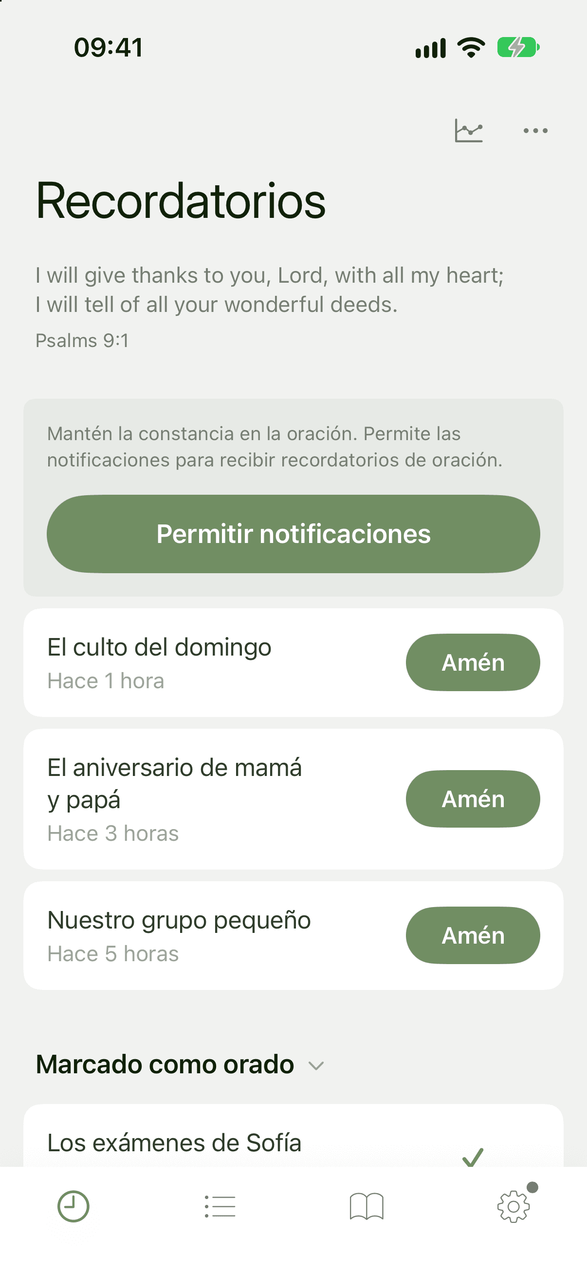 Pestaña Recordatorios con el versículo del día arriba, sobre los recordatorios recibidos
