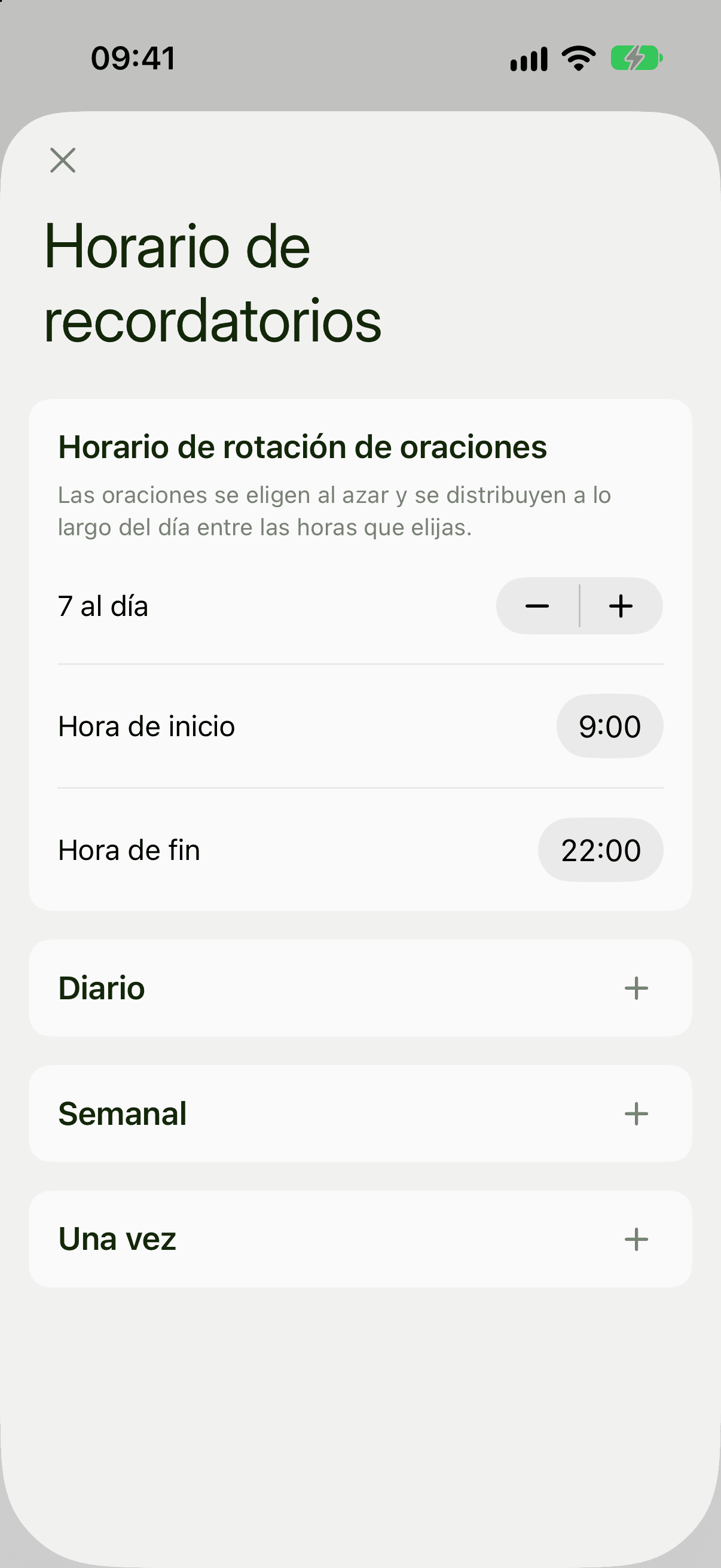 Panel Horario de recordatorios con 7 al día, inicio a las 09:00 y fin a las 22:00