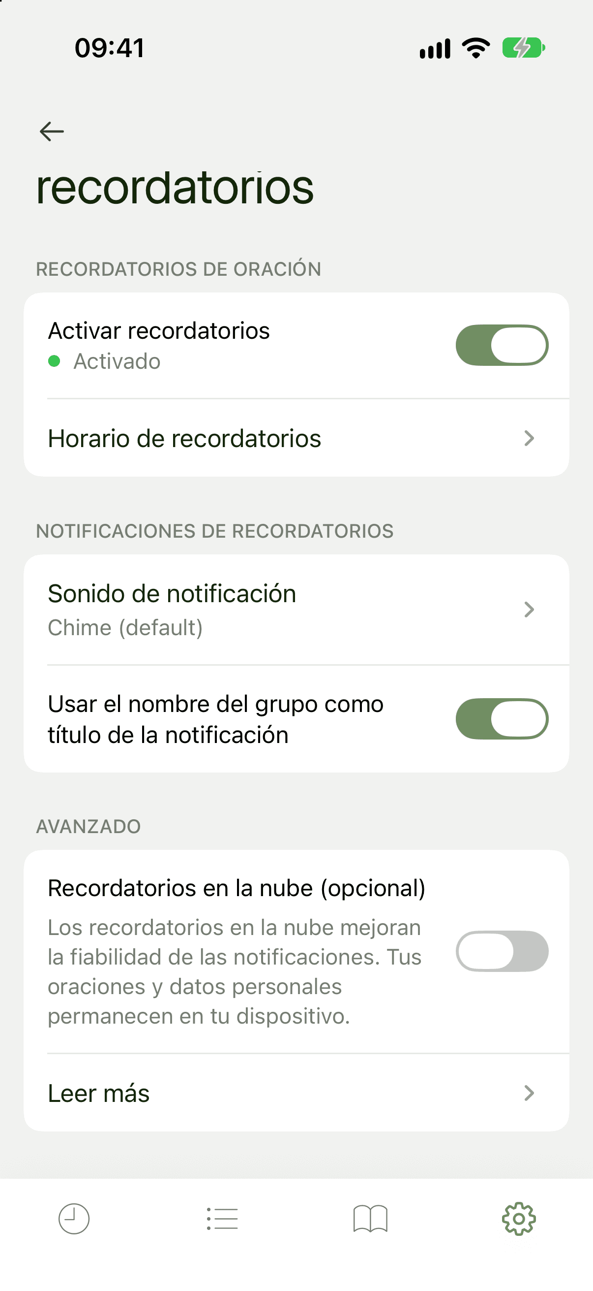 Ajustes de recordatorios con Activar recordatorios encendido y el estado Activado