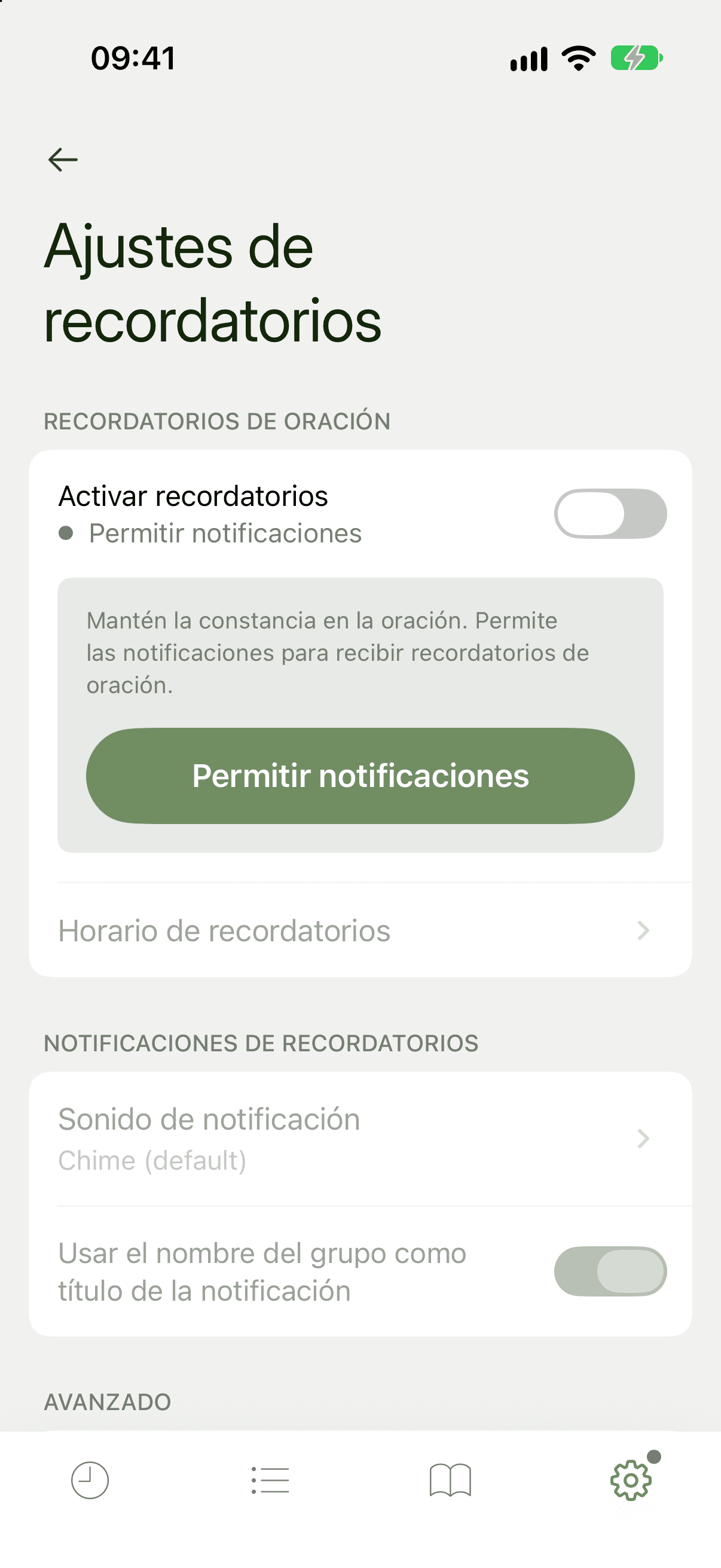 Ajustes de recordatorios antes de permitir las notificaciones, con el botón Permitir notificaciones