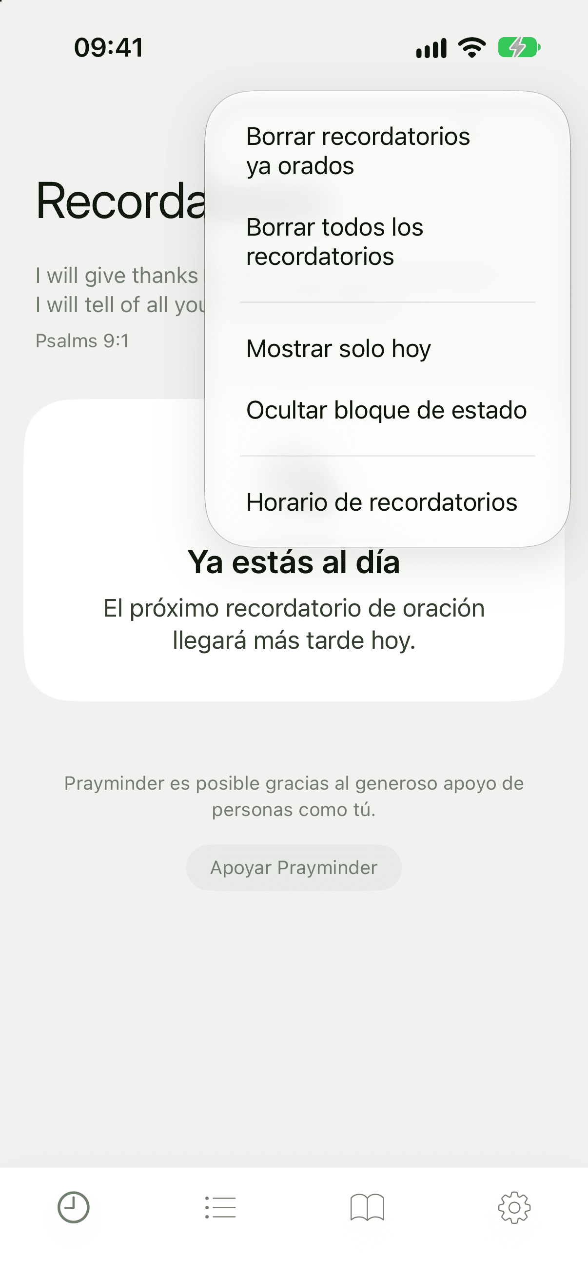 Menú de Recordatorios con Borrar recordatorios ya orados, Borrar todos los recordatorios, Mostrar solo hoy, Ocultar bloque de estado y Horario de recordatorios
