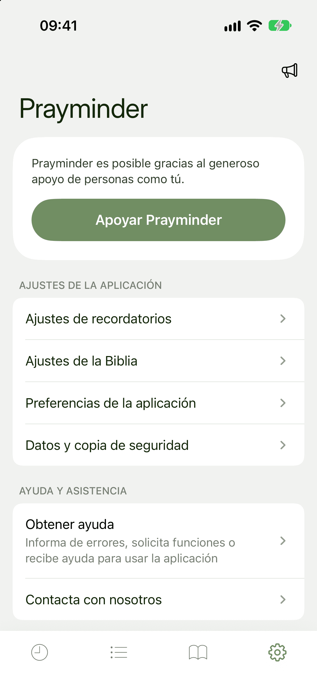 Pestaña Ajustes con las secciones de ajustes de la app, ayuda y asistencia e información