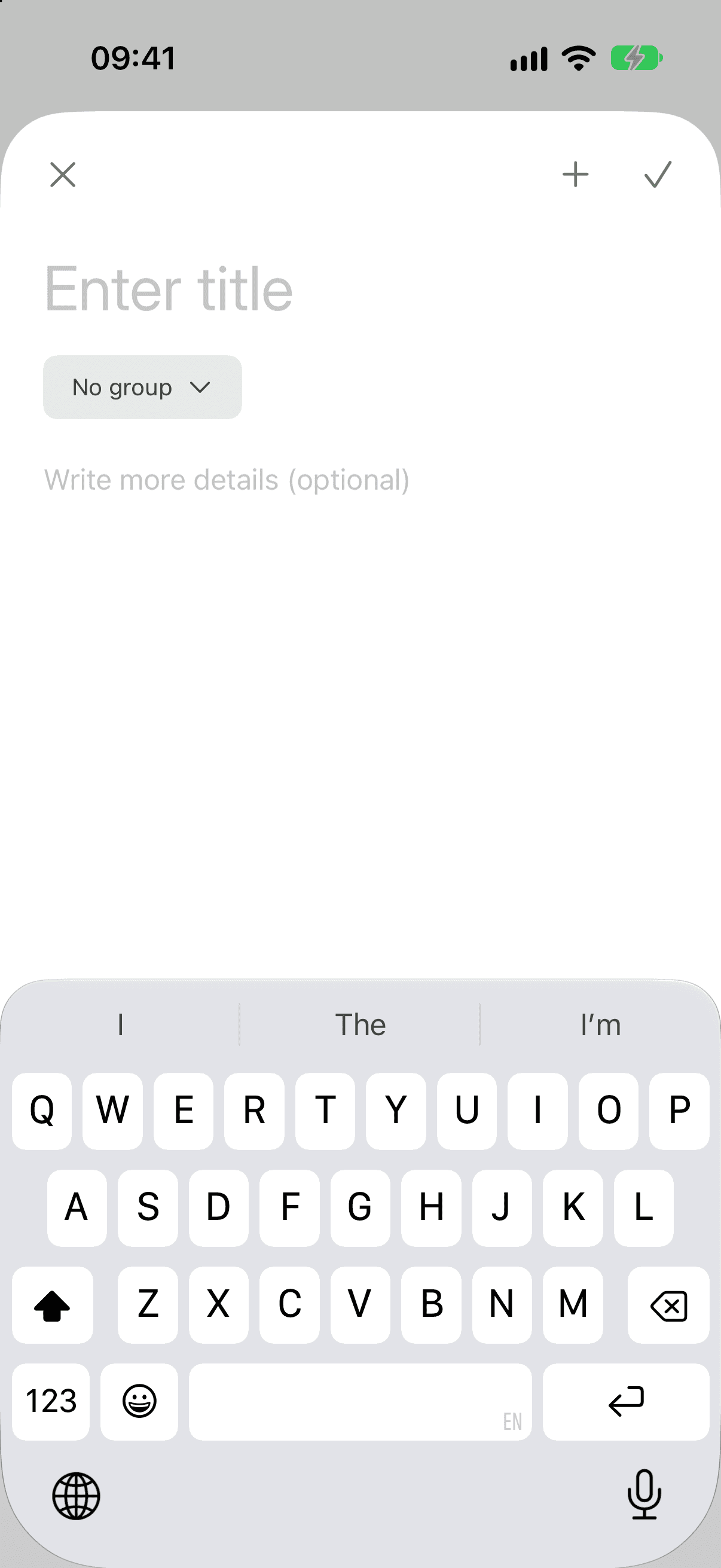 The add prayer screen with an empty title field, a No group chip and a notes field