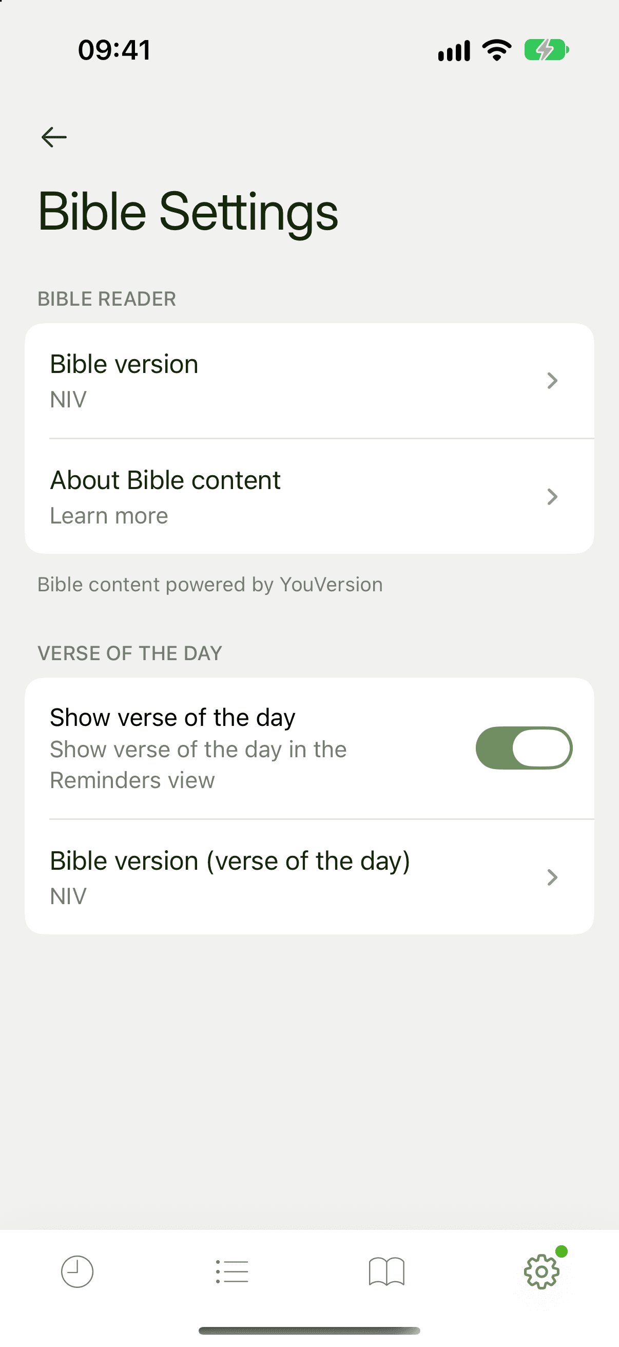 Bible Settings showing Bible version, Show verse of the day and Bible version for the verse of the day