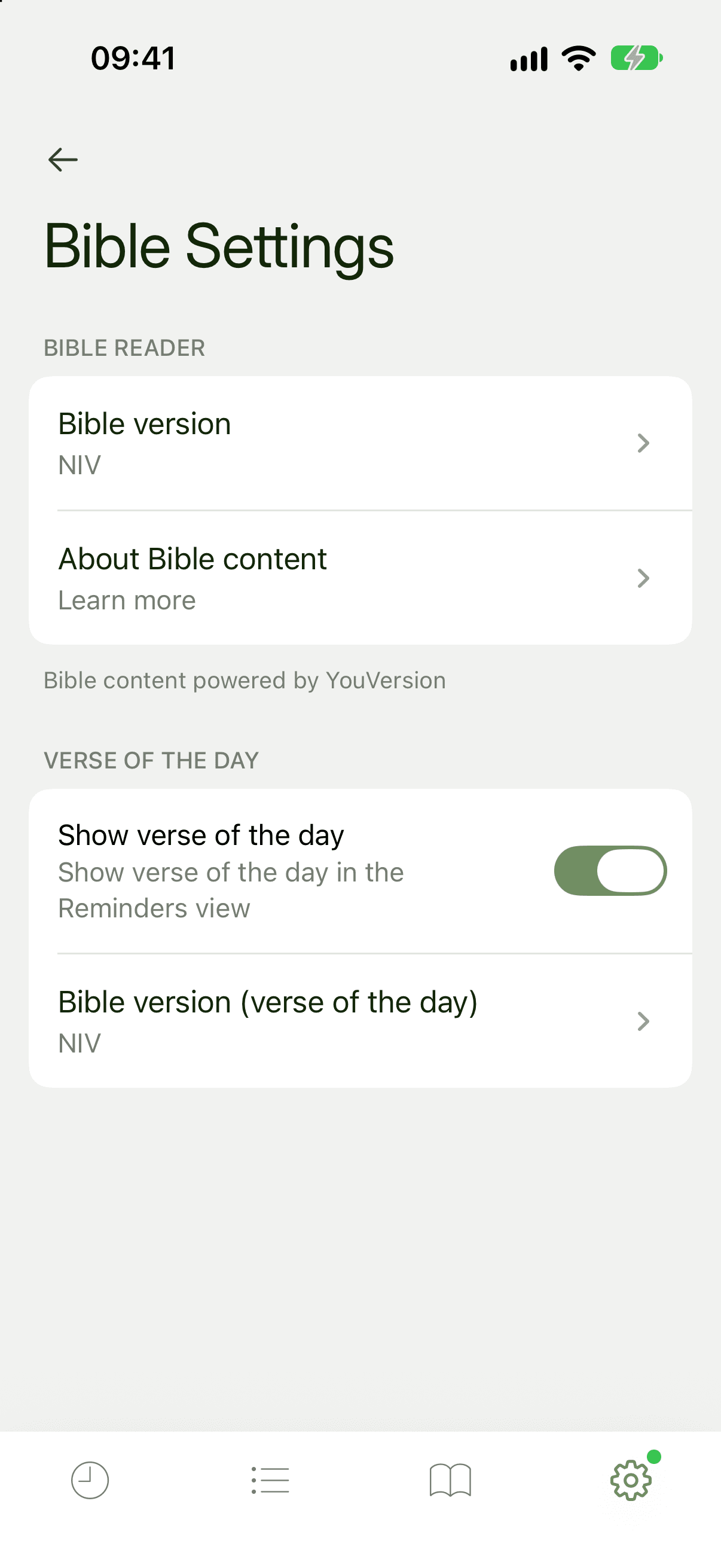 Bible Settings with a Bible Reader section holding Bible version, and a Verse of the Day section holding Show verse of the day and Bible version for the verse of the day