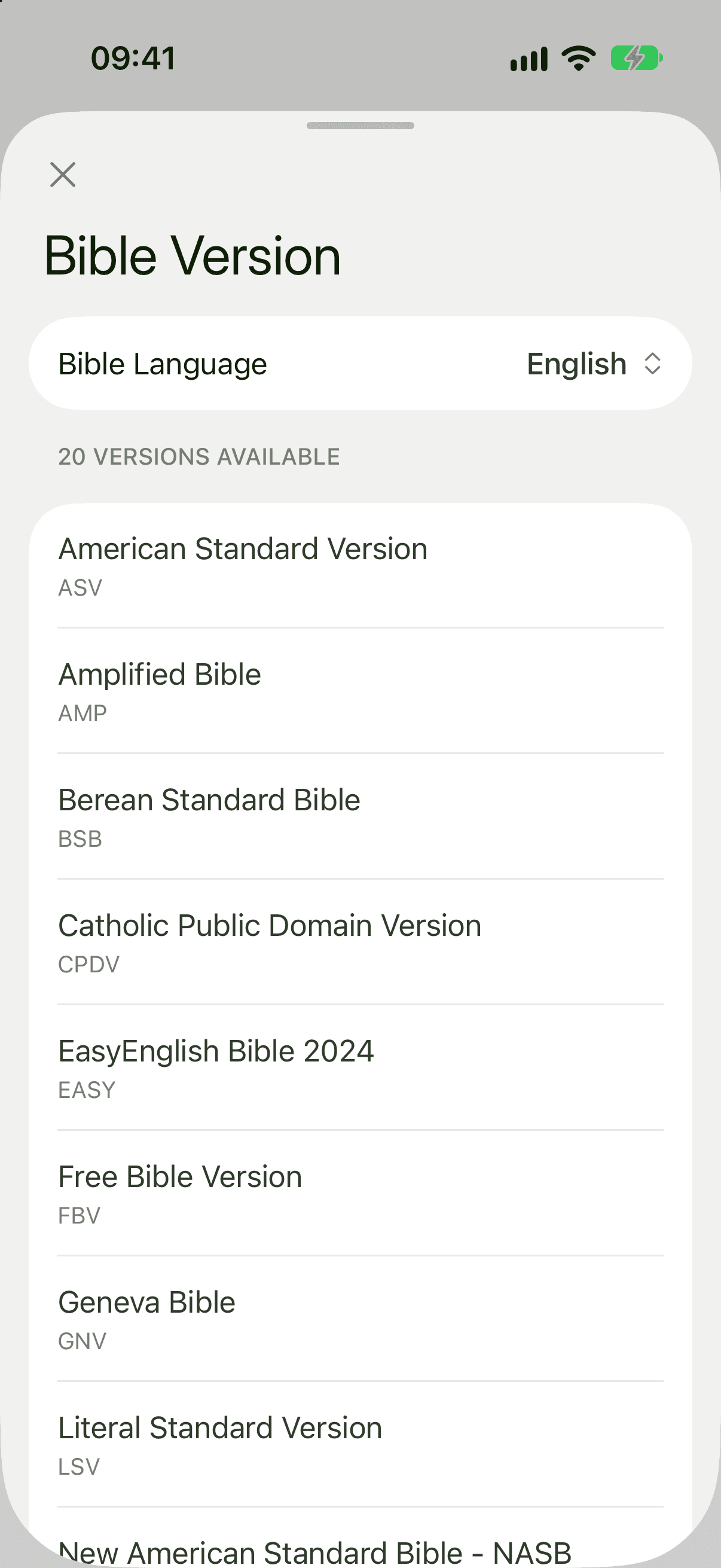 The Bible Version list showing English versions with their abbreviations