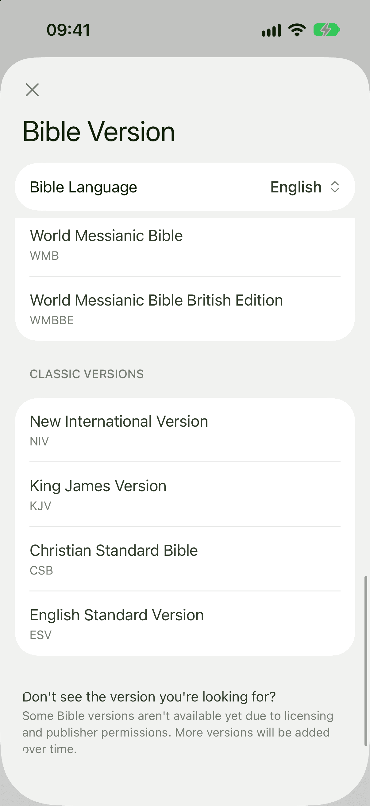 The end of the verse-of-the-day version list, with a Classic versions section holding NIV, KJV, CSB and ESV