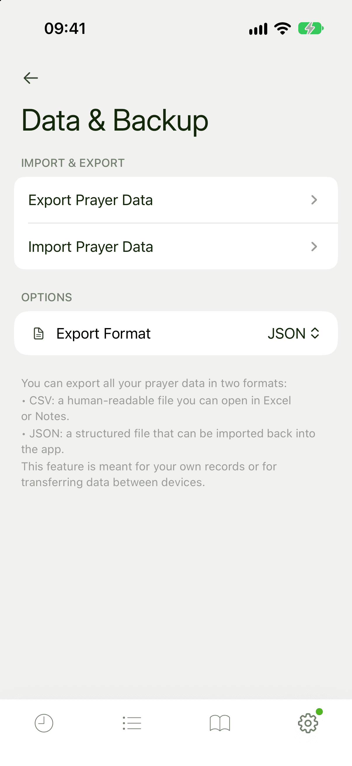 The Data and Backup screen with Export Prayer Data, Import Prayer Data and an Export Format row set to JSON