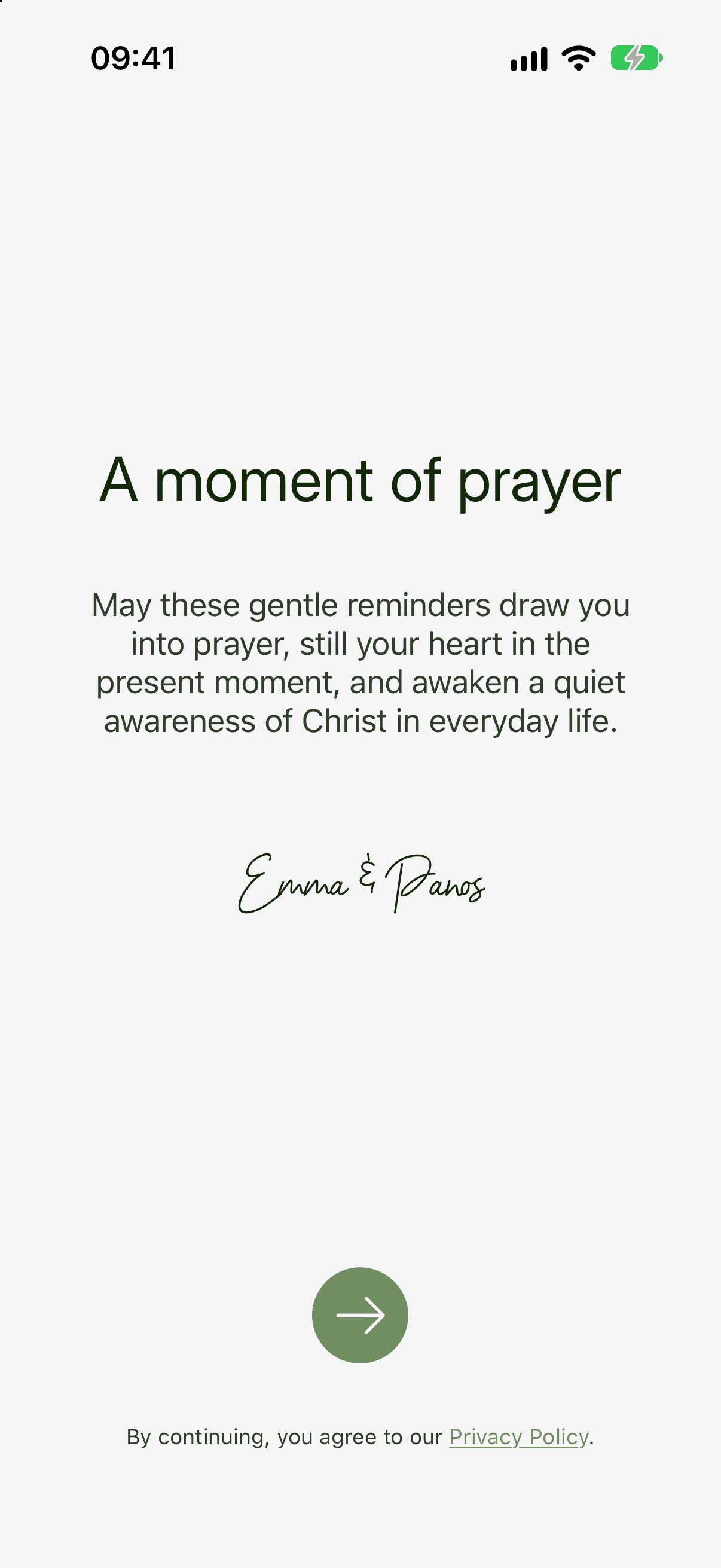 The first screen after installing Prayminder, headed A moment of prayer, with a round arrow button