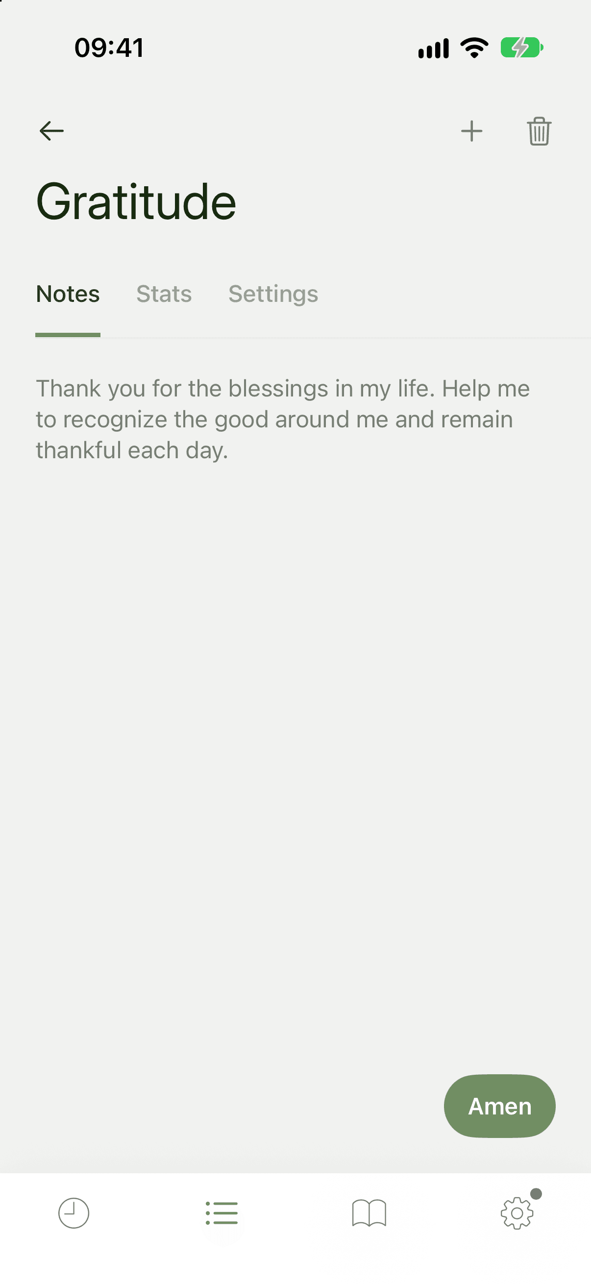 A prayer called Gratitude on its Notes tab, with notes and an Amen button