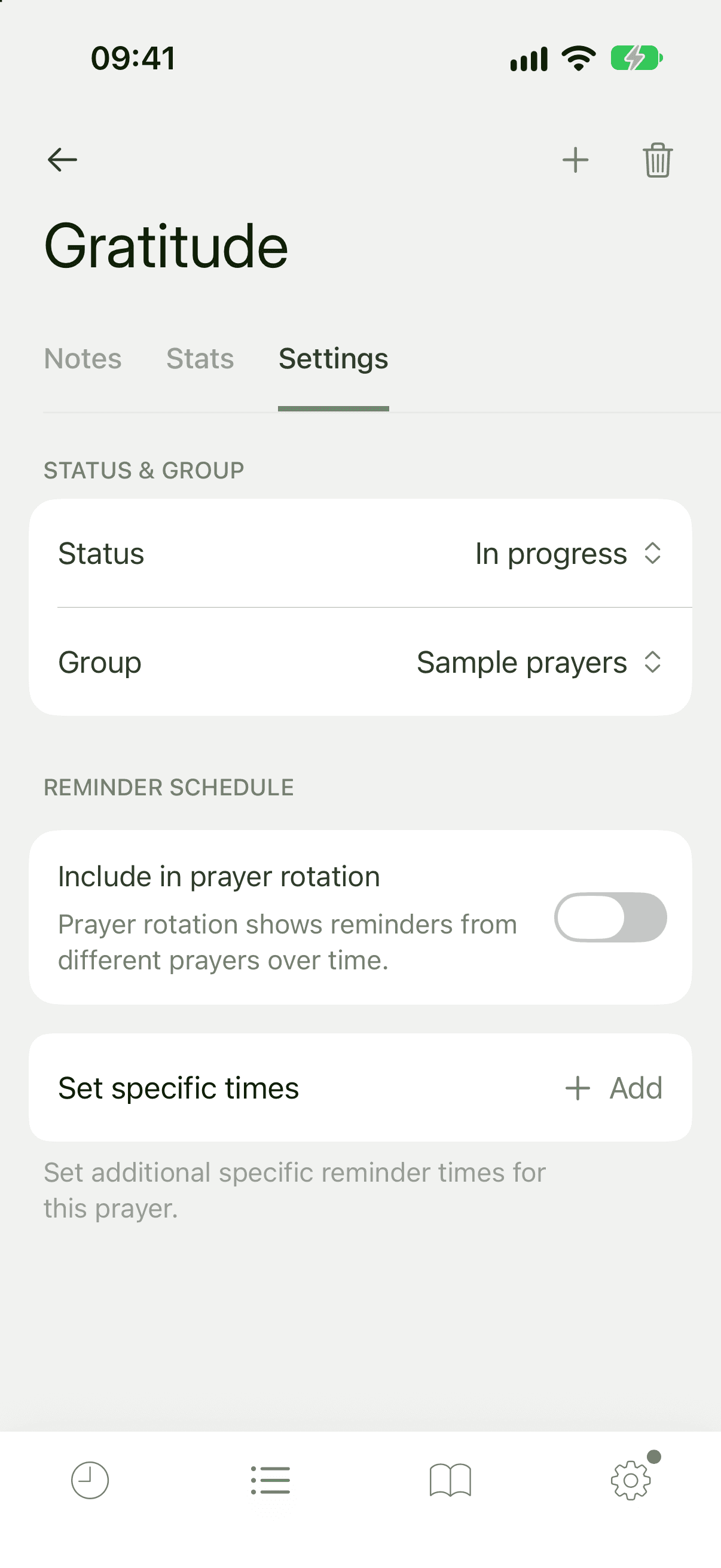 A prayer's Settings tab with the Include in prayer rotation switch turned off