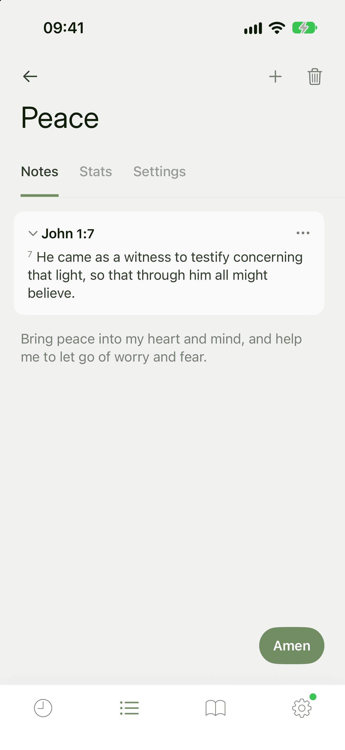 A prayer's Notes tab with a scripture card showing John 1:7 above the notes