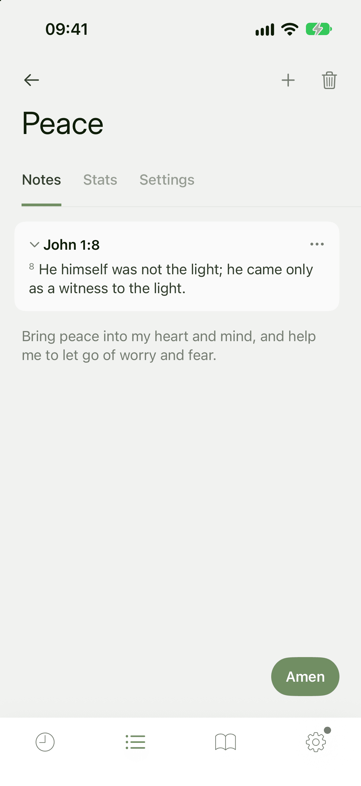 A prayer's Notes tab with a scripture card showing John 1:8 above the notes