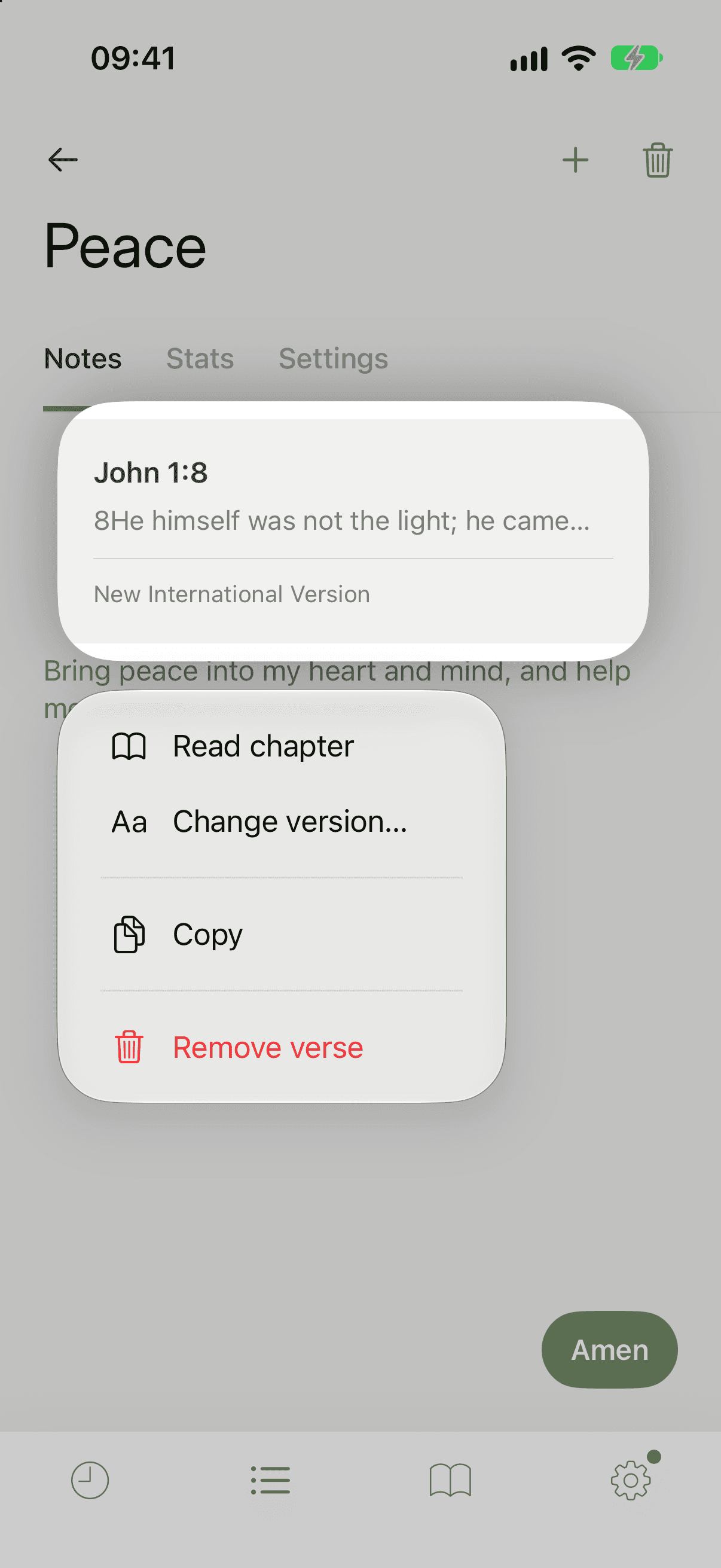 The long-press menu on a saved verse card, listing Read chapter, Change version, Copy and Remove verse