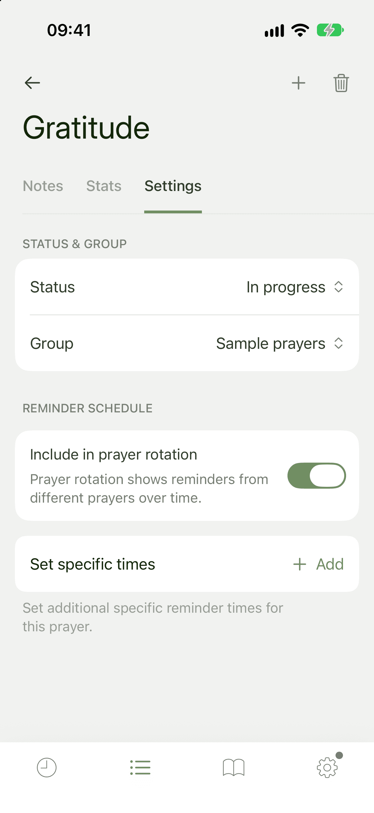 A prayer's Settings tab with Status, Group, Include in prayer rotation and Set specific times