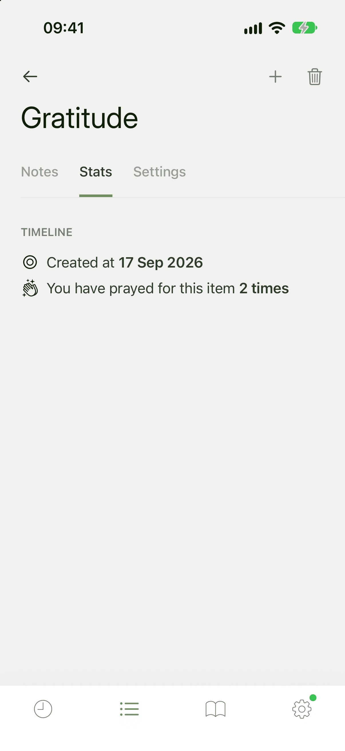 A prayer's Stats tab showing a timeline with when it was created and how often it has been prayed for