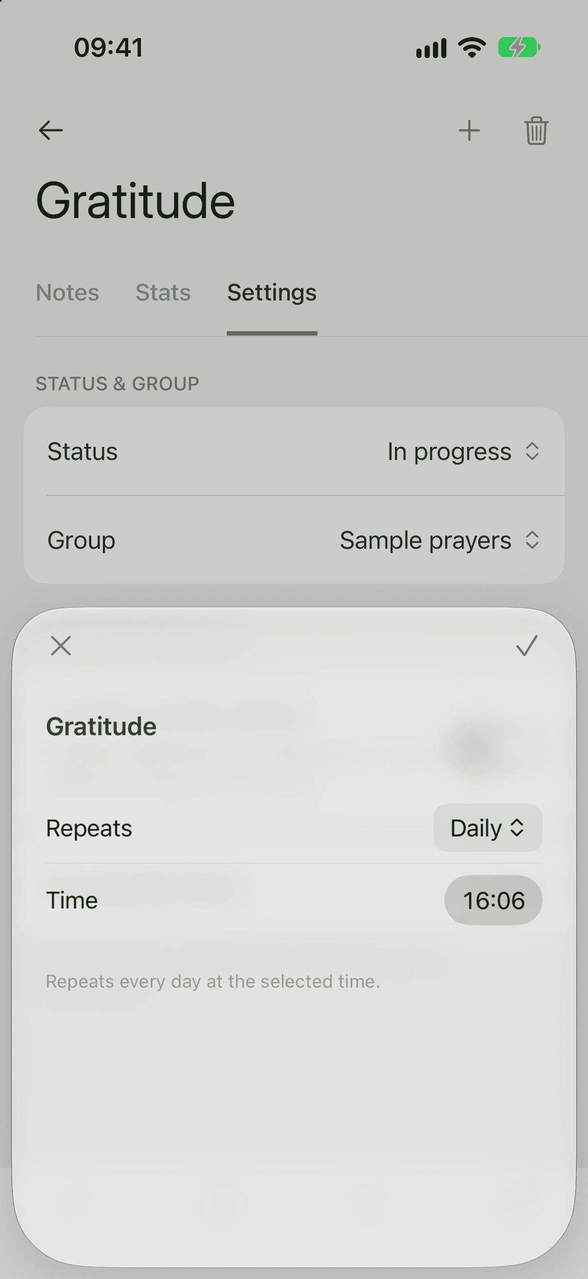 The reminder time sheet with a Repeats row set to Daily and a Time row