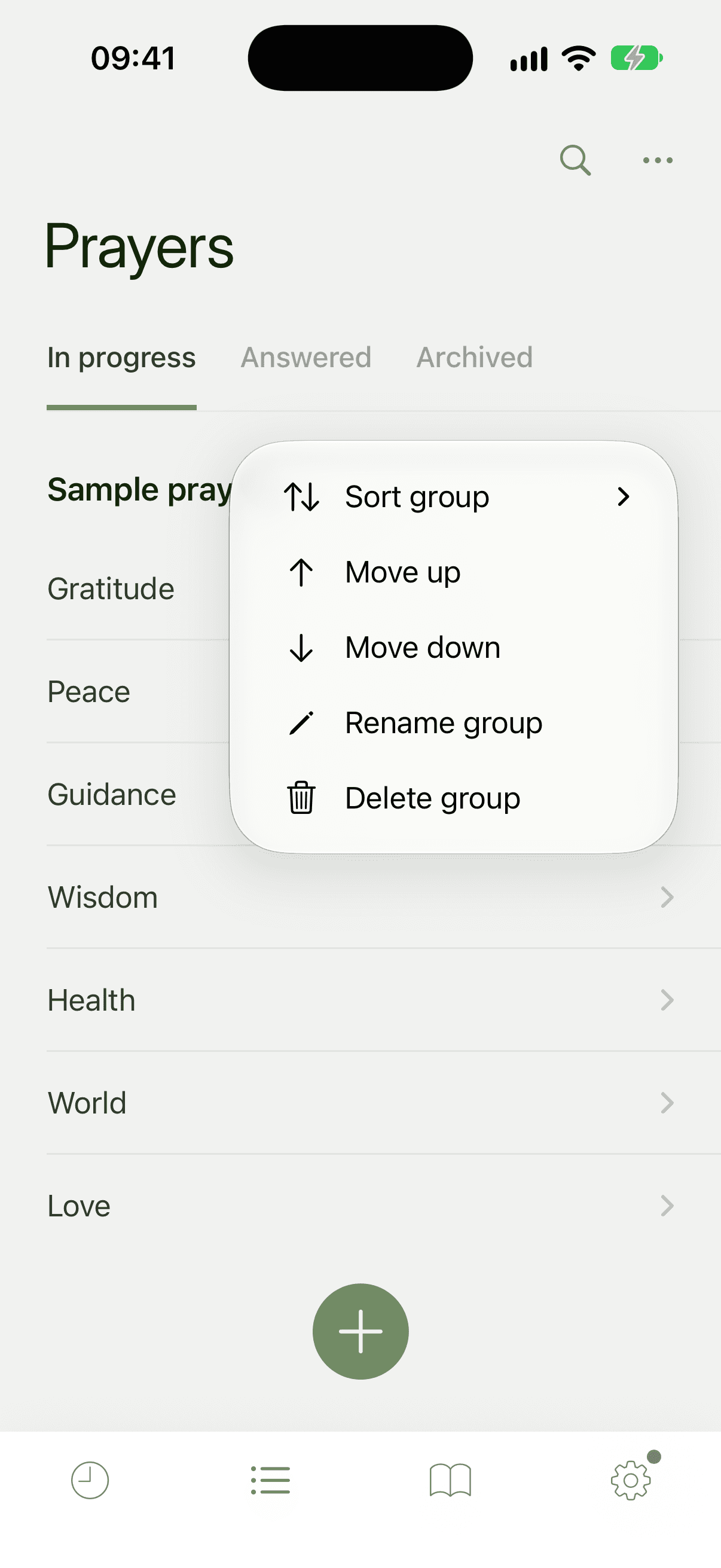 The group header menu, listing Sort group, Move up, Move down, Rename group and Delete group
