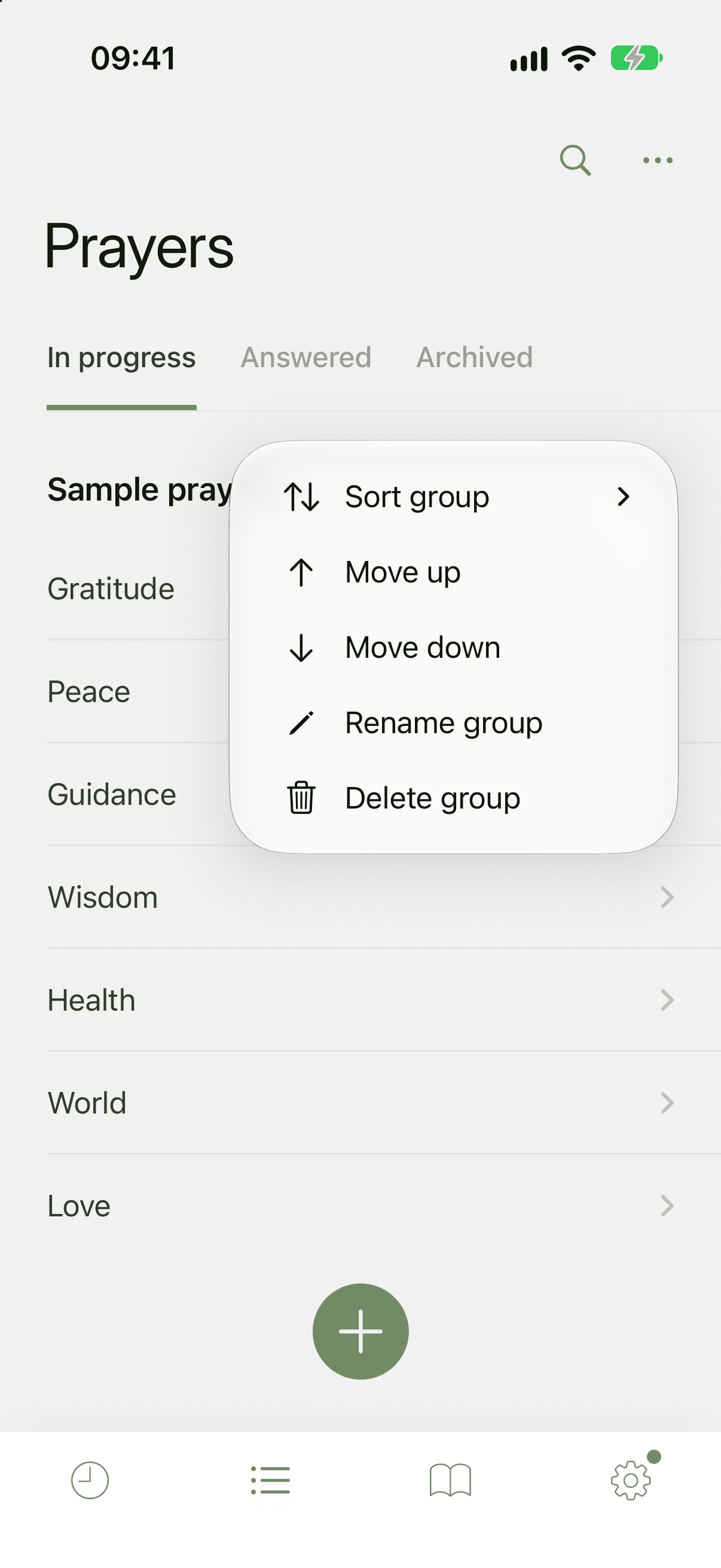 The group header menu, listing Sort group, Move up, Move down, Rename group and Delete group