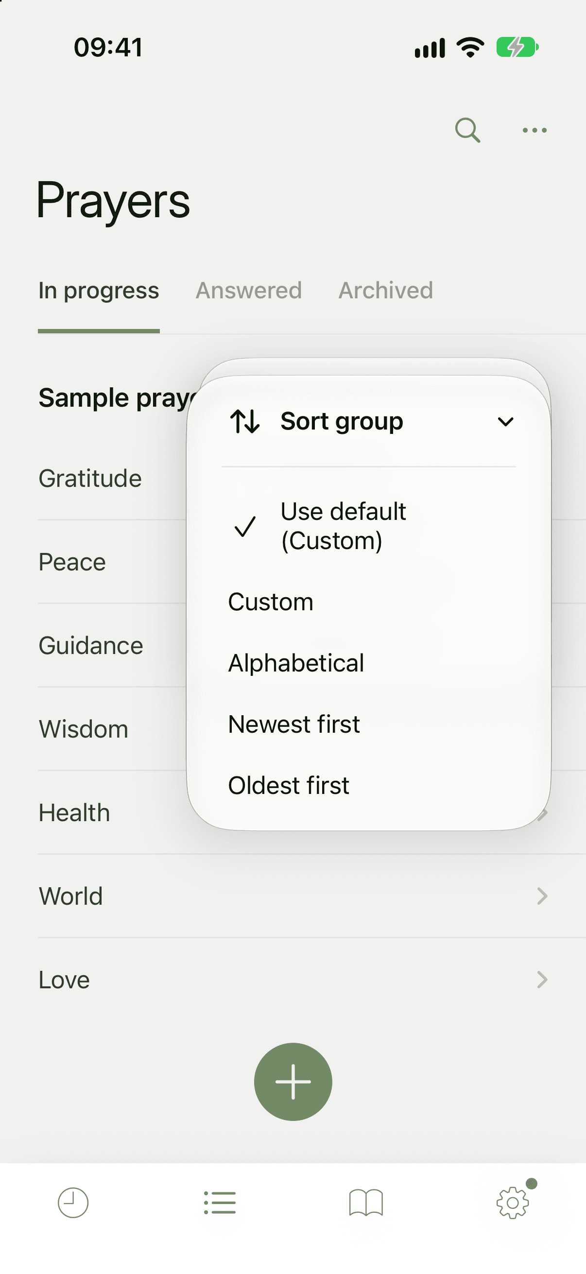 The group header menu open on Sort group, listing Use default (Custom), then Custom, Alphabetical, Newest first and Oldest first