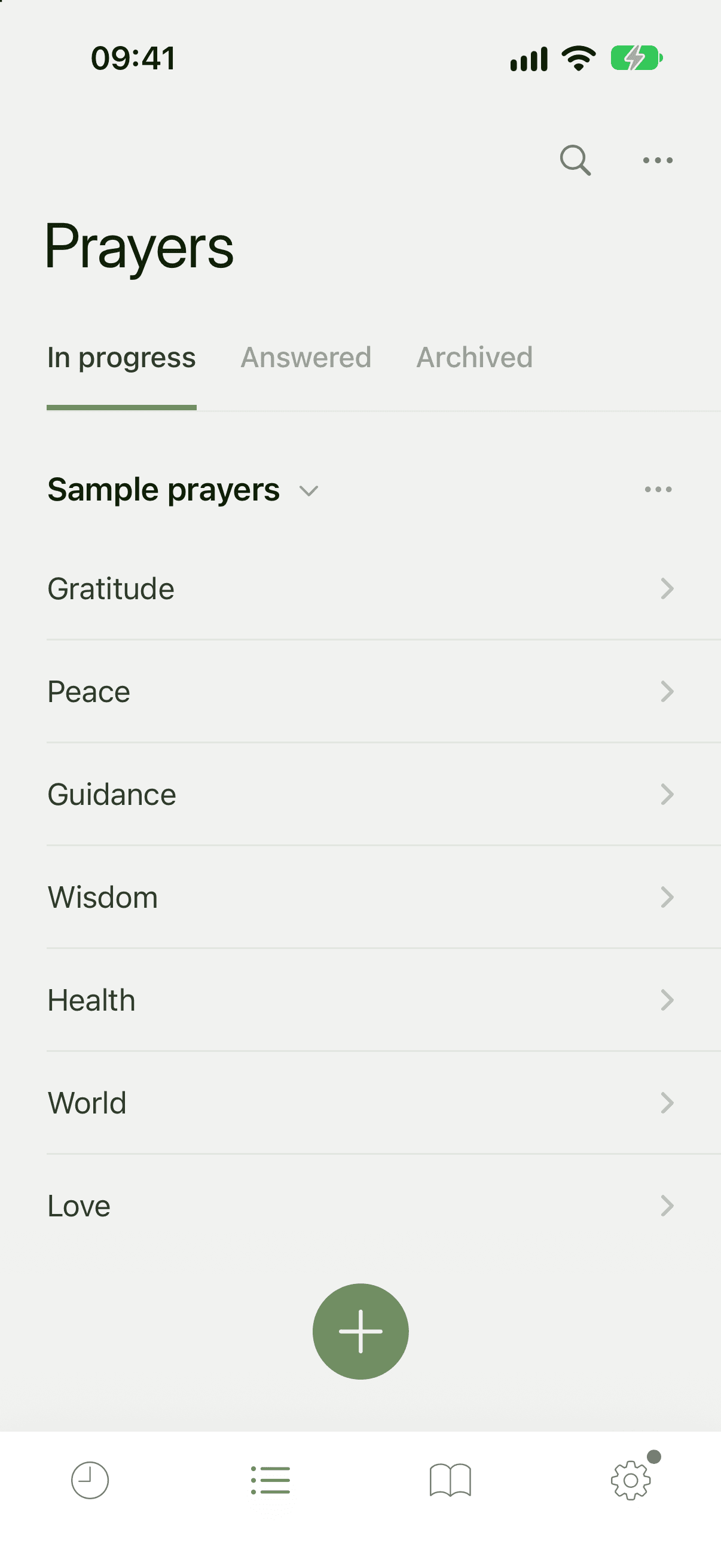 The Prayers tab showing the Sample prayers group with seven prayers in it