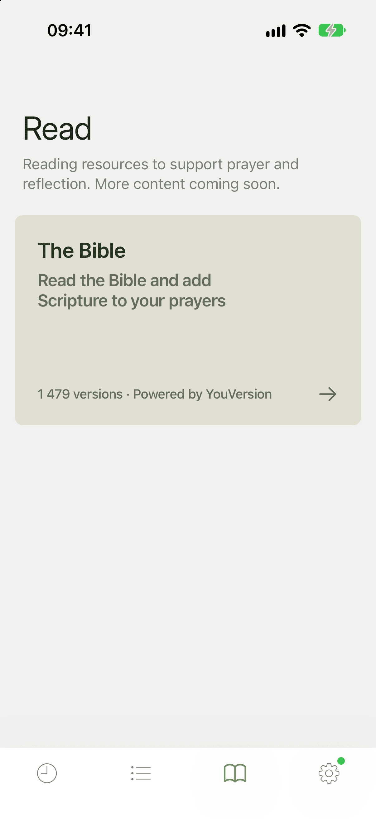 The Read tab with a card headed The Bible