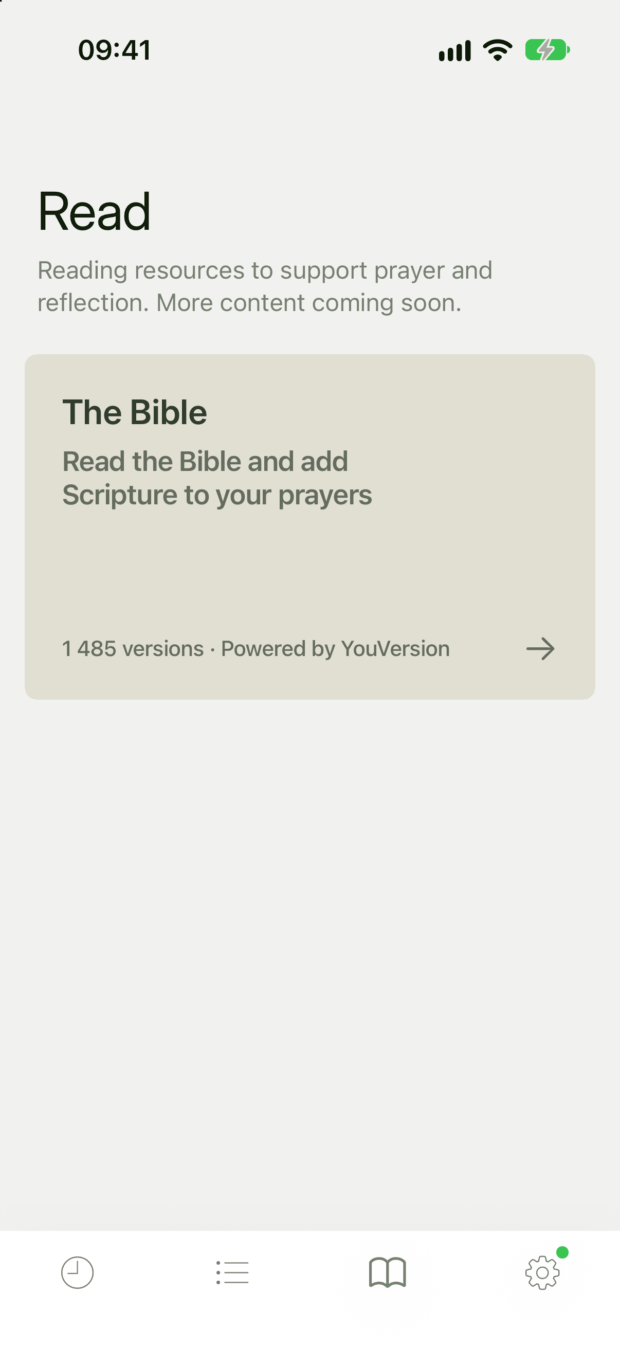 The Read tab with a card headed The Bible