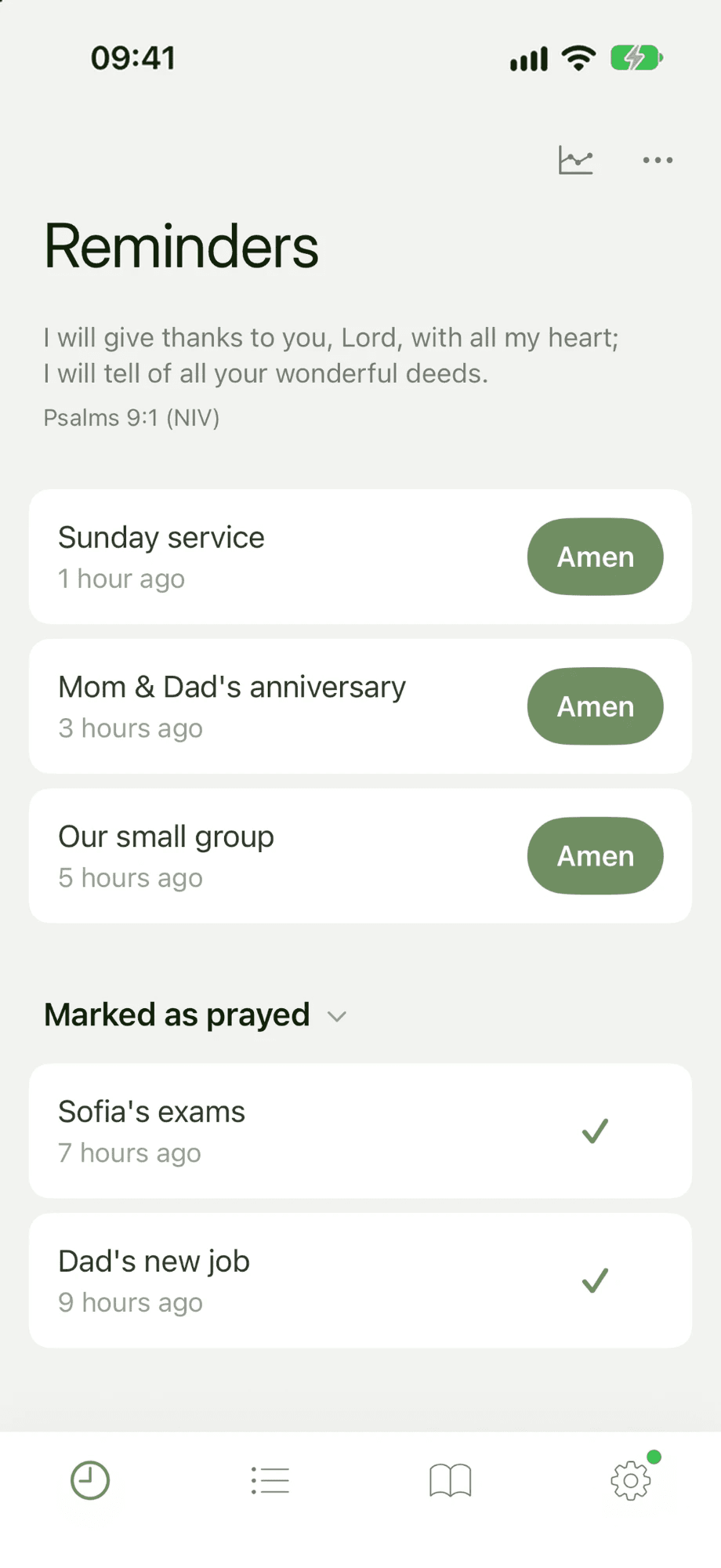 The Reminders tab with the verse of the day at the top, three reminders each with an Amen button, and two older ones under Marked as prayed