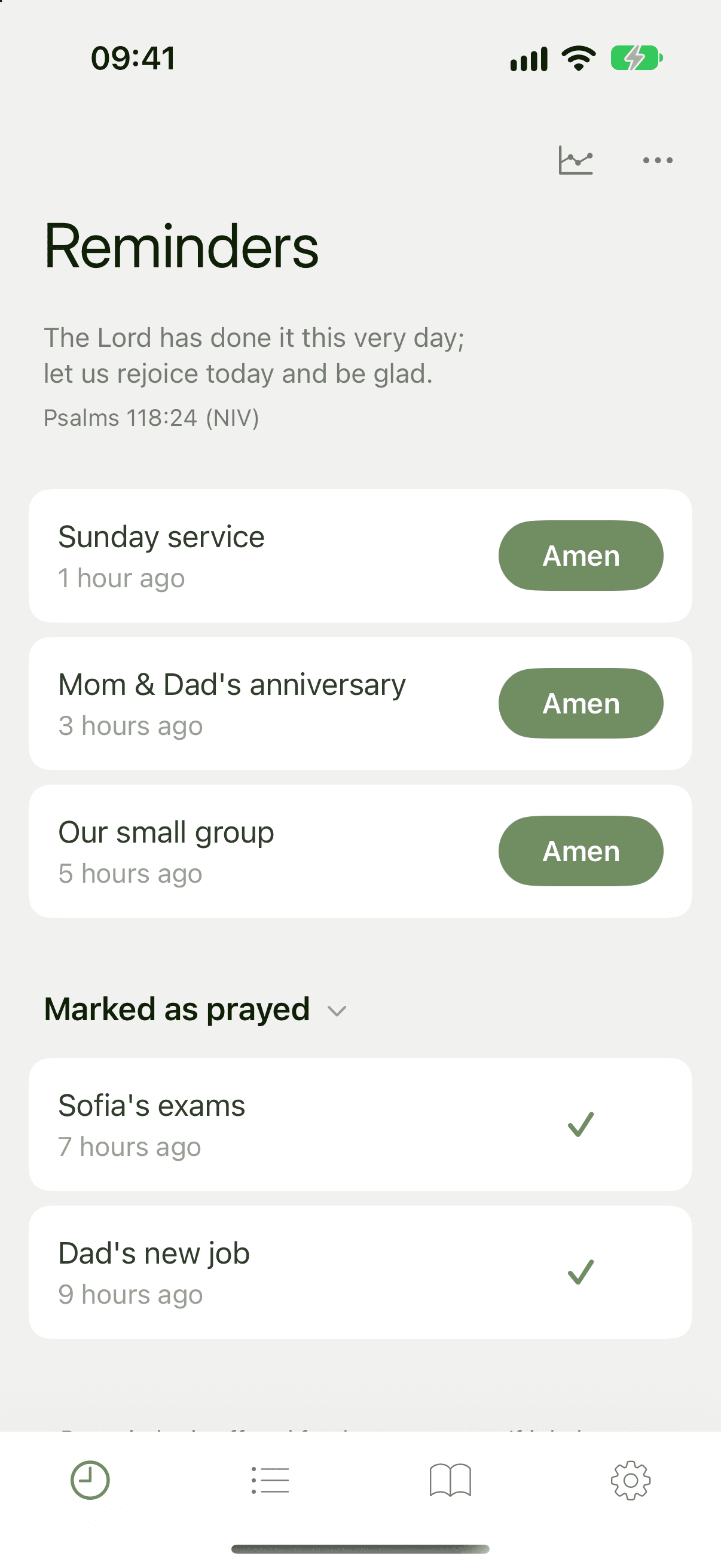 The Reminders tab with the verse of the day at the top, above the reminders that have arrived