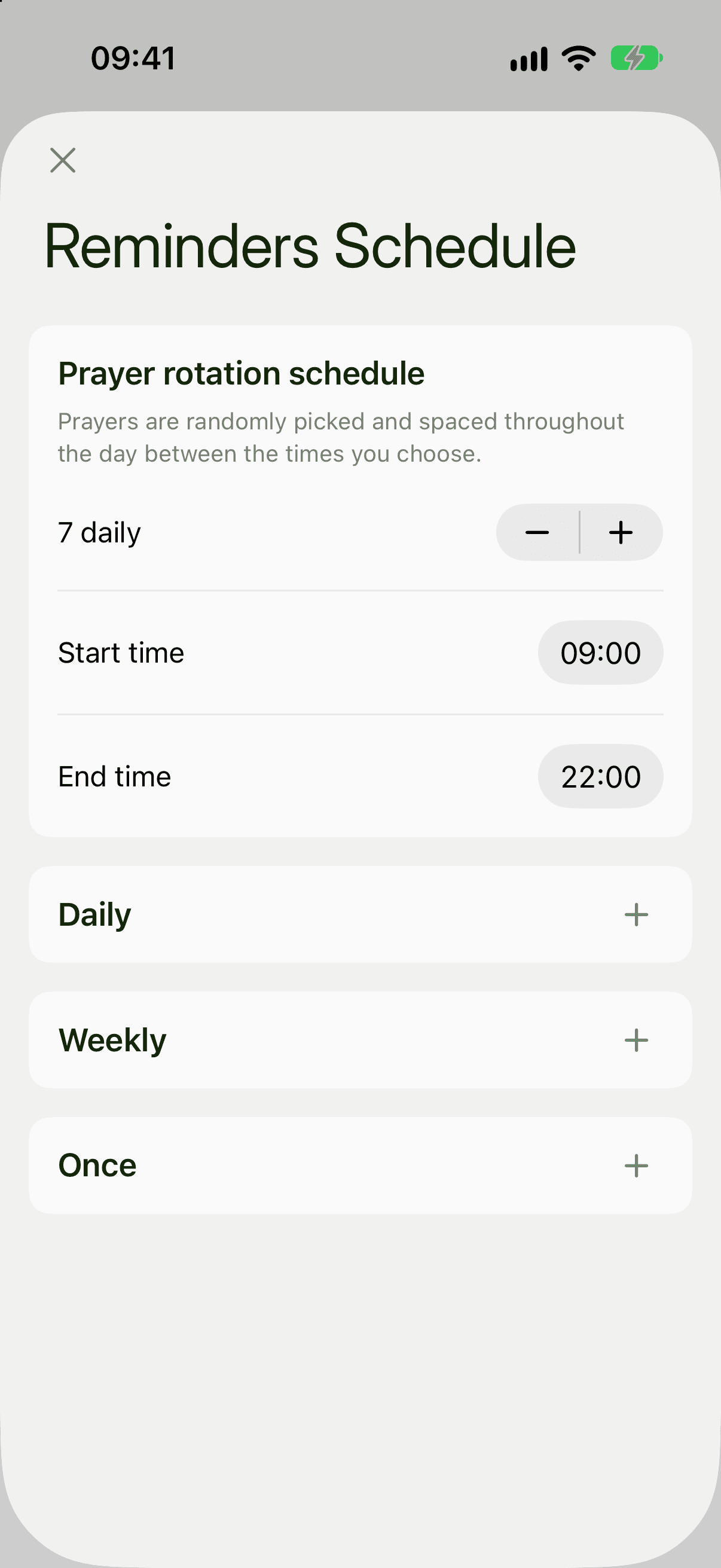 The Reminders Schedule sheet with 7 daily, a start time of 09:00 and an end time of 22:00