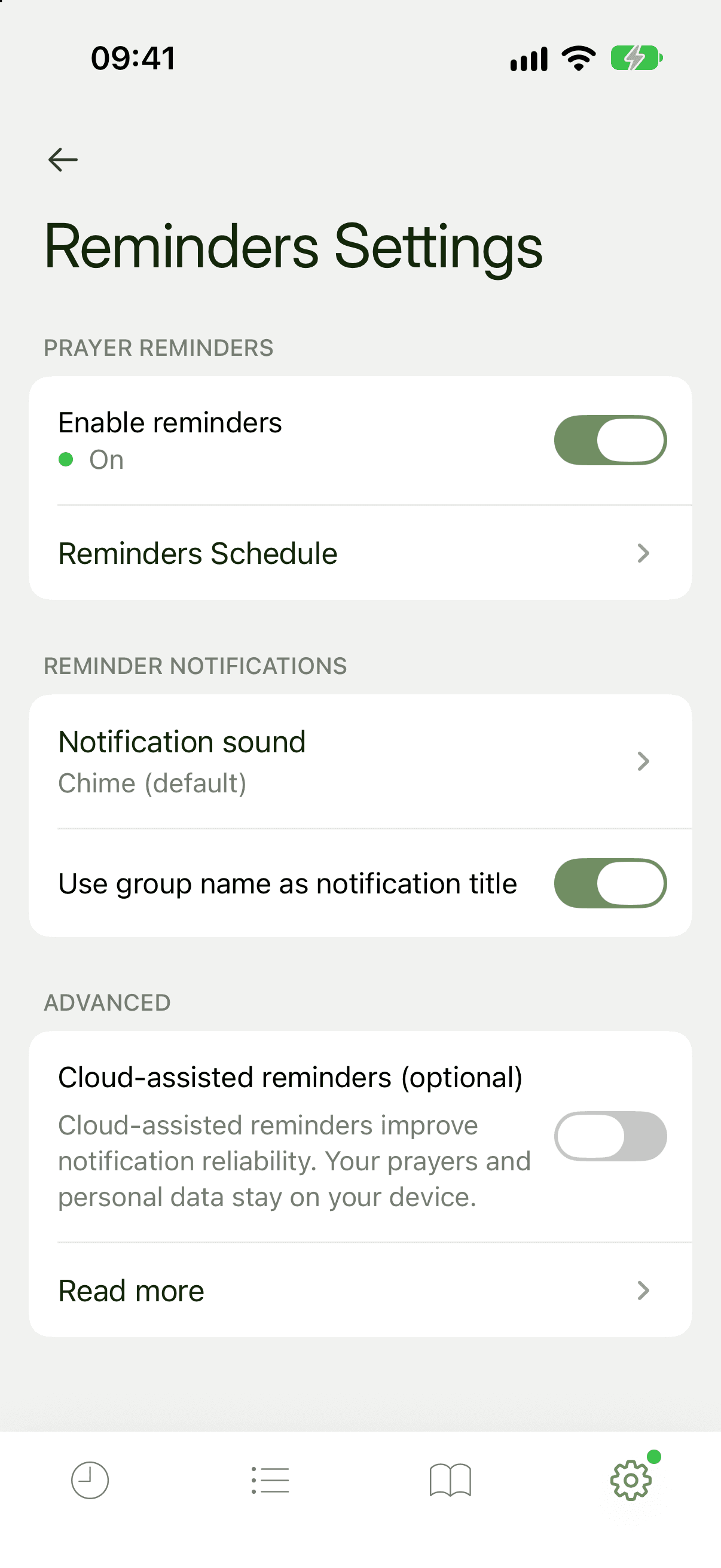 Reminders Settings with Enable reminders switched on and the status reading On