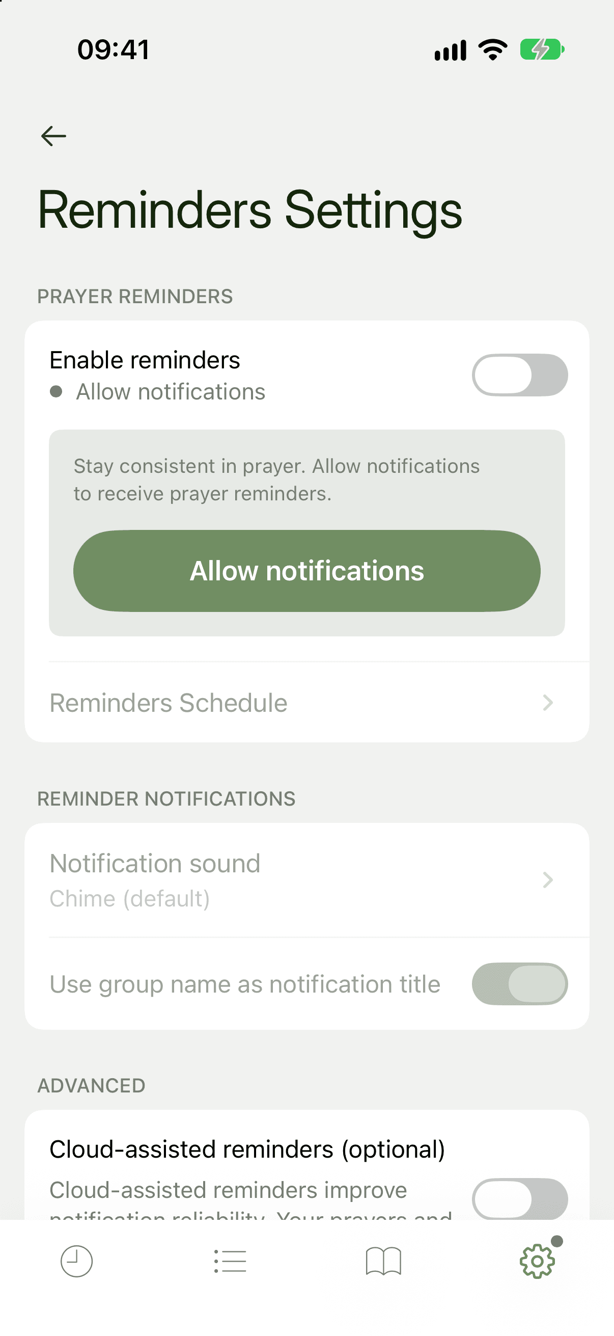 Reminders Settings before notifications are allowed, showing an Allow notifications button