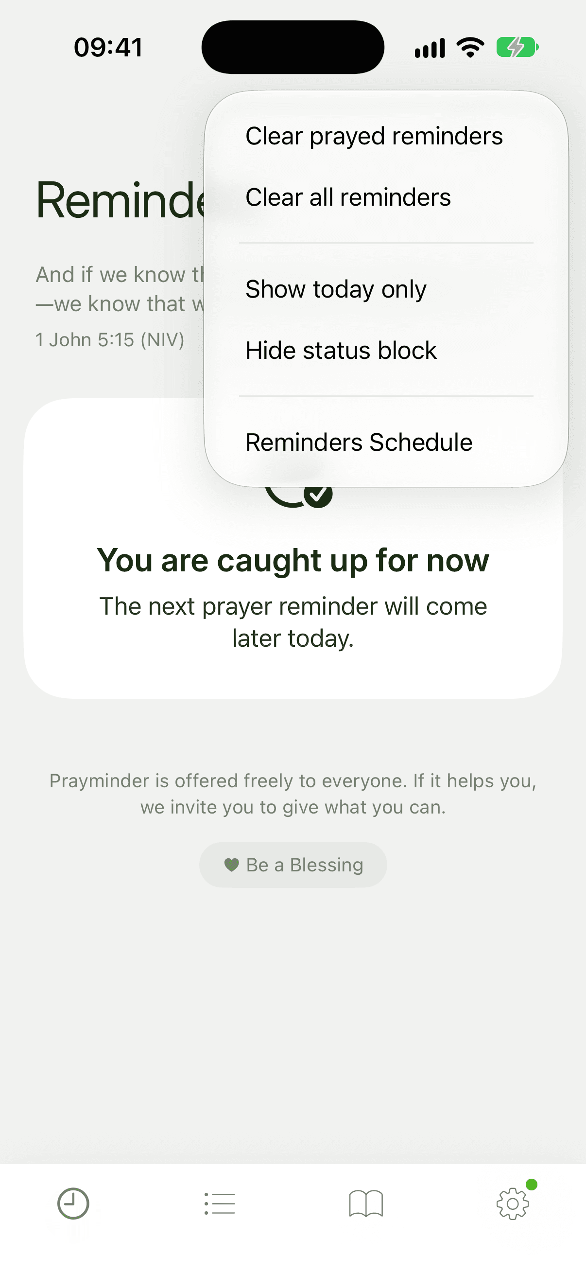 The Reminders tab menu listing Clear prayed reminders, Clear all reminders, Show today only, Hide status block and Reminders Schedule