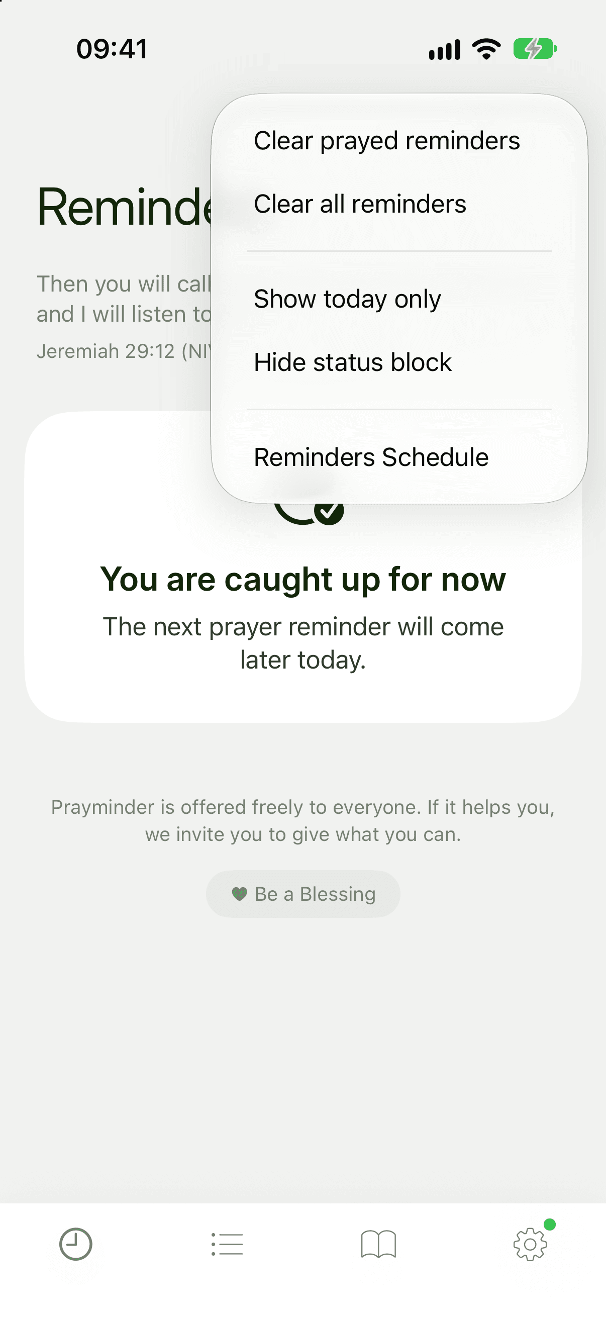 The Reminders tab menu listing Clear prayed reminders, Clear all reminders, Show today only, Hide status block and Reminders Schedule