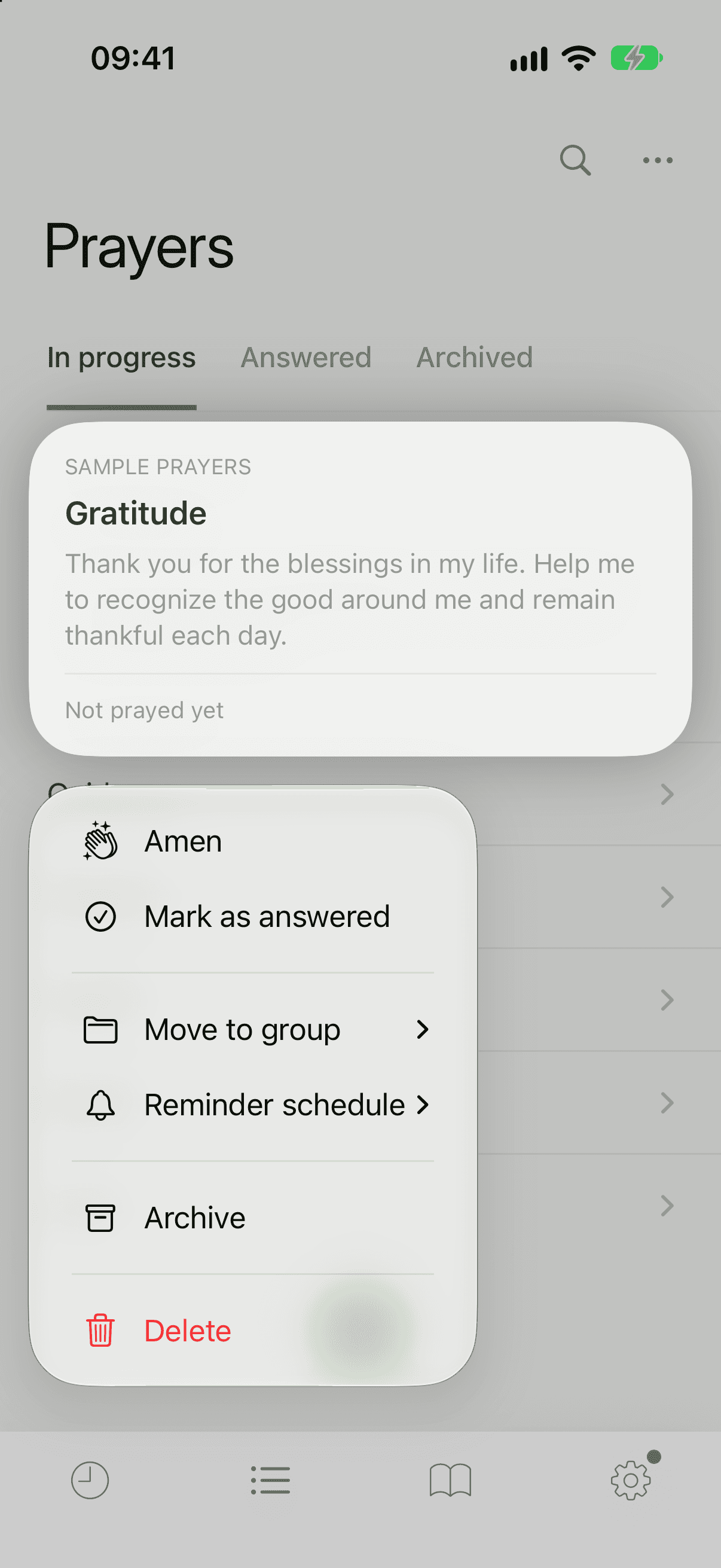 The long-press menu on a prayer, listing Amen, Mark as answered, Move to group, Reminder schedule, Archive and Delete